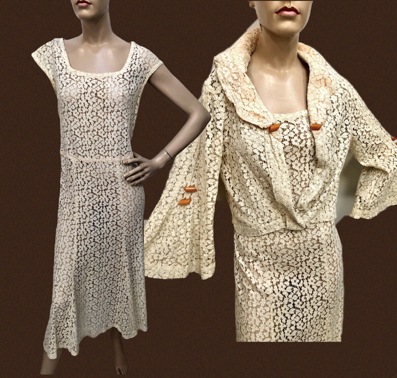 VTG 1930s-40s ALL-LACE Chemise & Bell-Sleeve Jacket DRESS SET w/BAKELITE BUTTONS