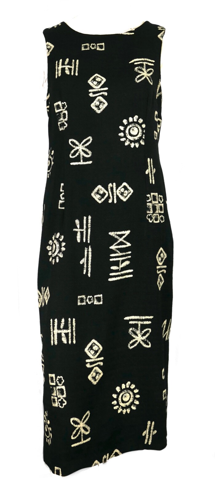 Vintage 80s Midi Dress Sleeveless Black Shift Tribal Pattern sz PM