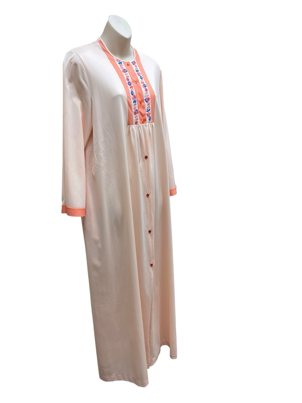 Vintage 70s 80s Lorraine Button Front Housecoat Robe Nightgown Large Peach Nylon
