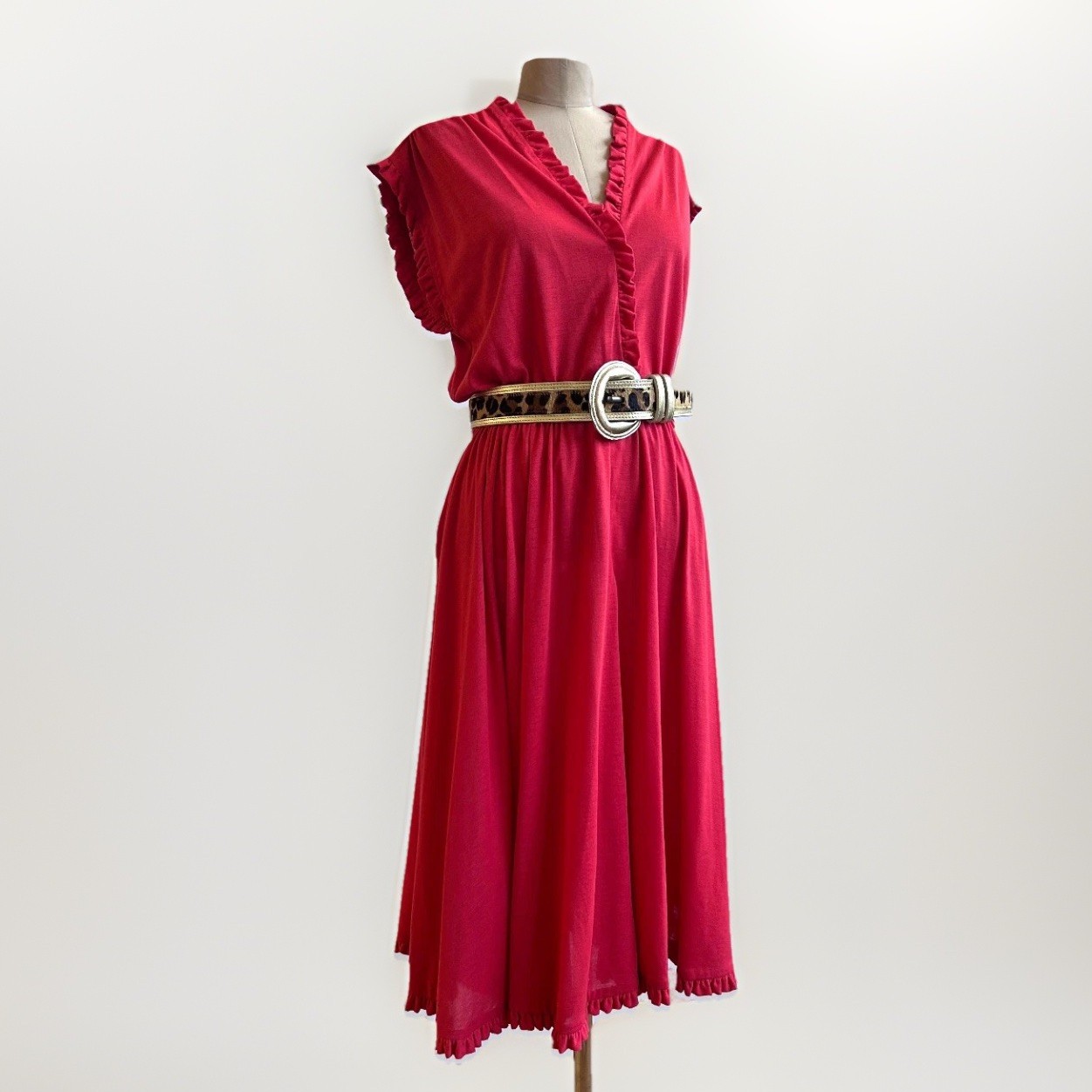 Vintage Albert Capraro Red Jersey Summer Sun Dress Ruffle Trim Sleeveless sz 8