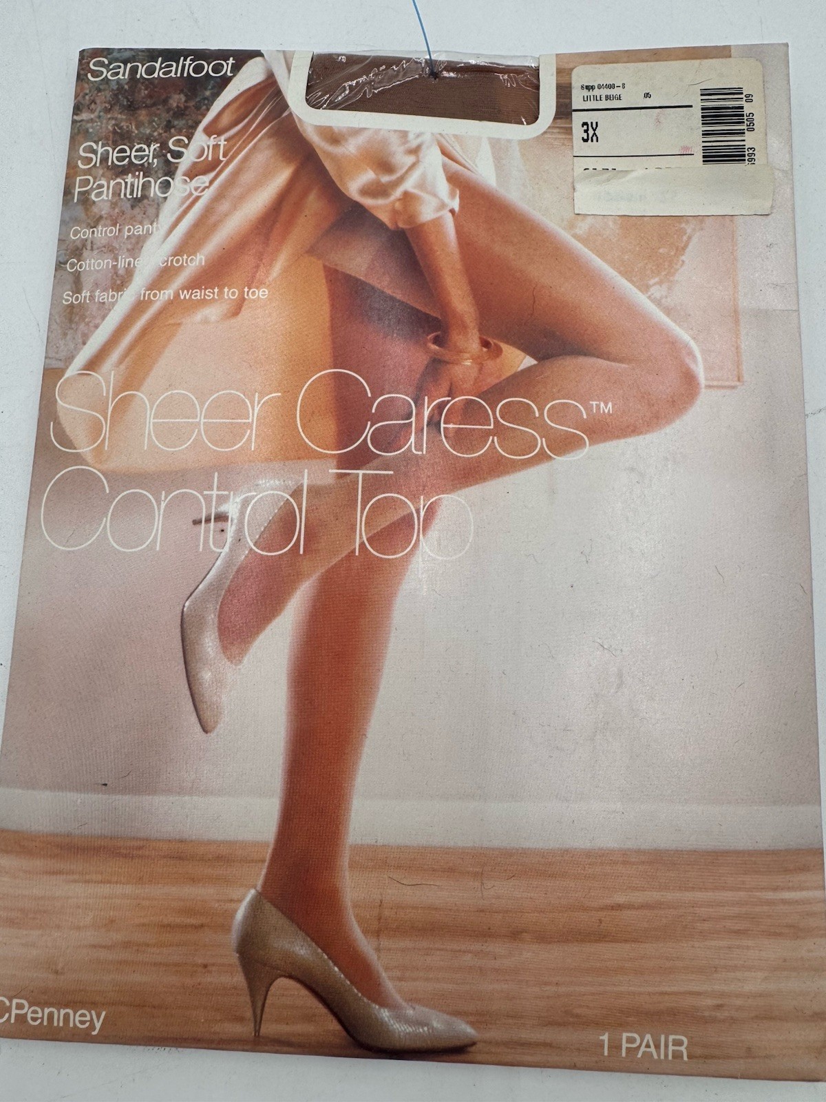 Vintage JCPenney Sheer Caress Control Top Pantyhose Sand 43 Sandalfoot Queen 3x