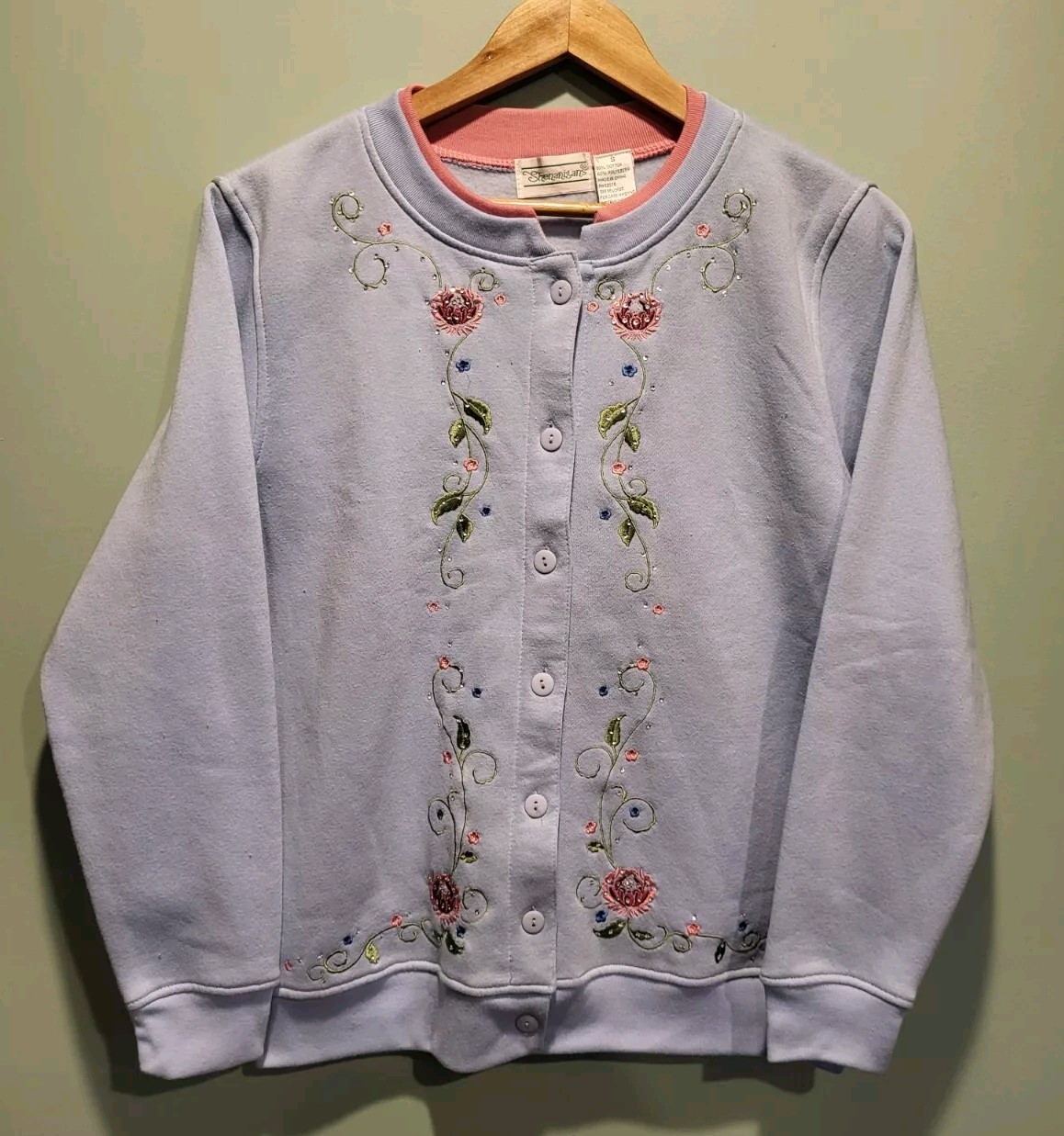 Vtg Shenanigans Lt Blue Pink Floral Embroidered Cardigan Sweatshirt Sz S Mature