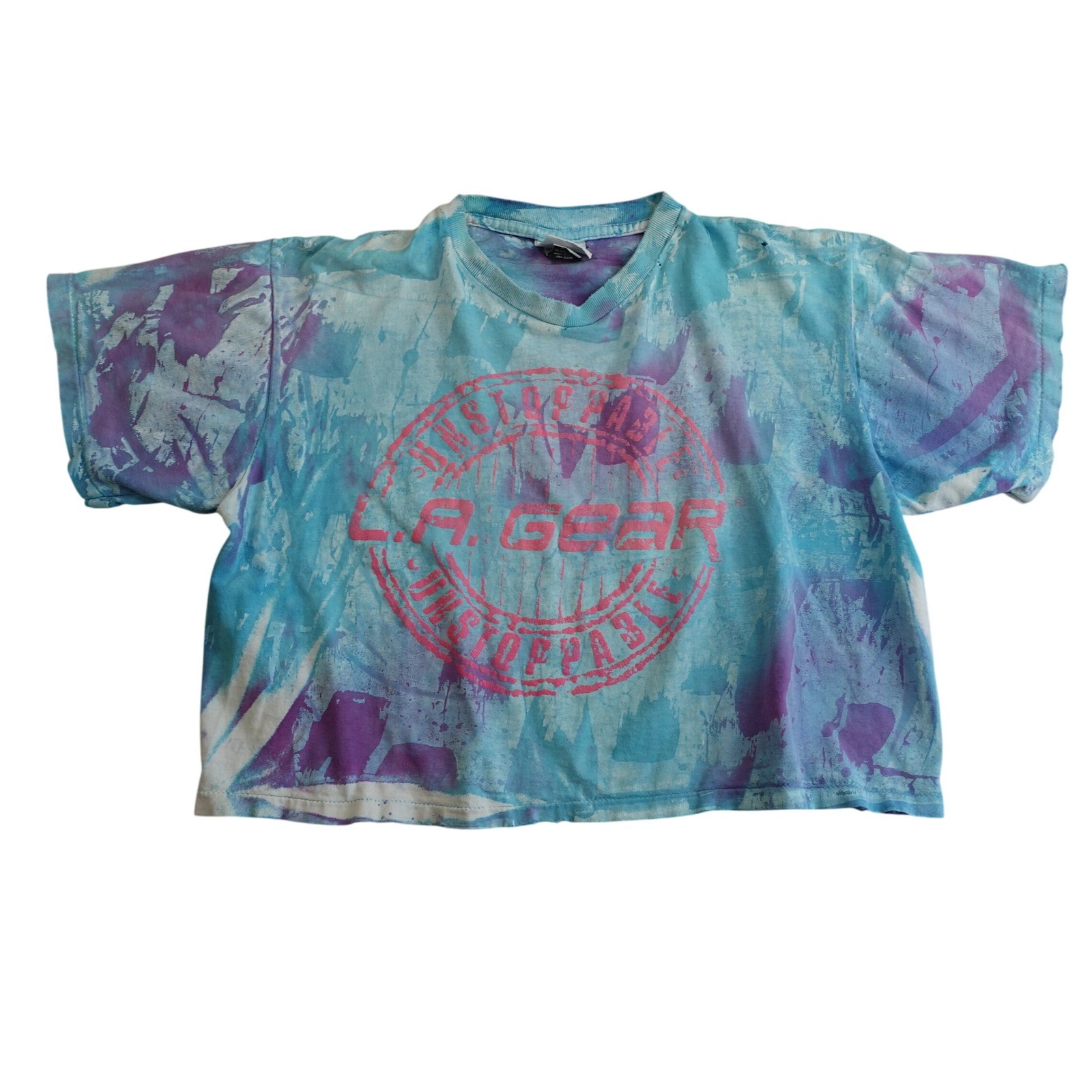 Vintage 80s Gym Tee LA Gear Crop Top OS Unstoppable Tie Dye Boxy Neon Retro USA