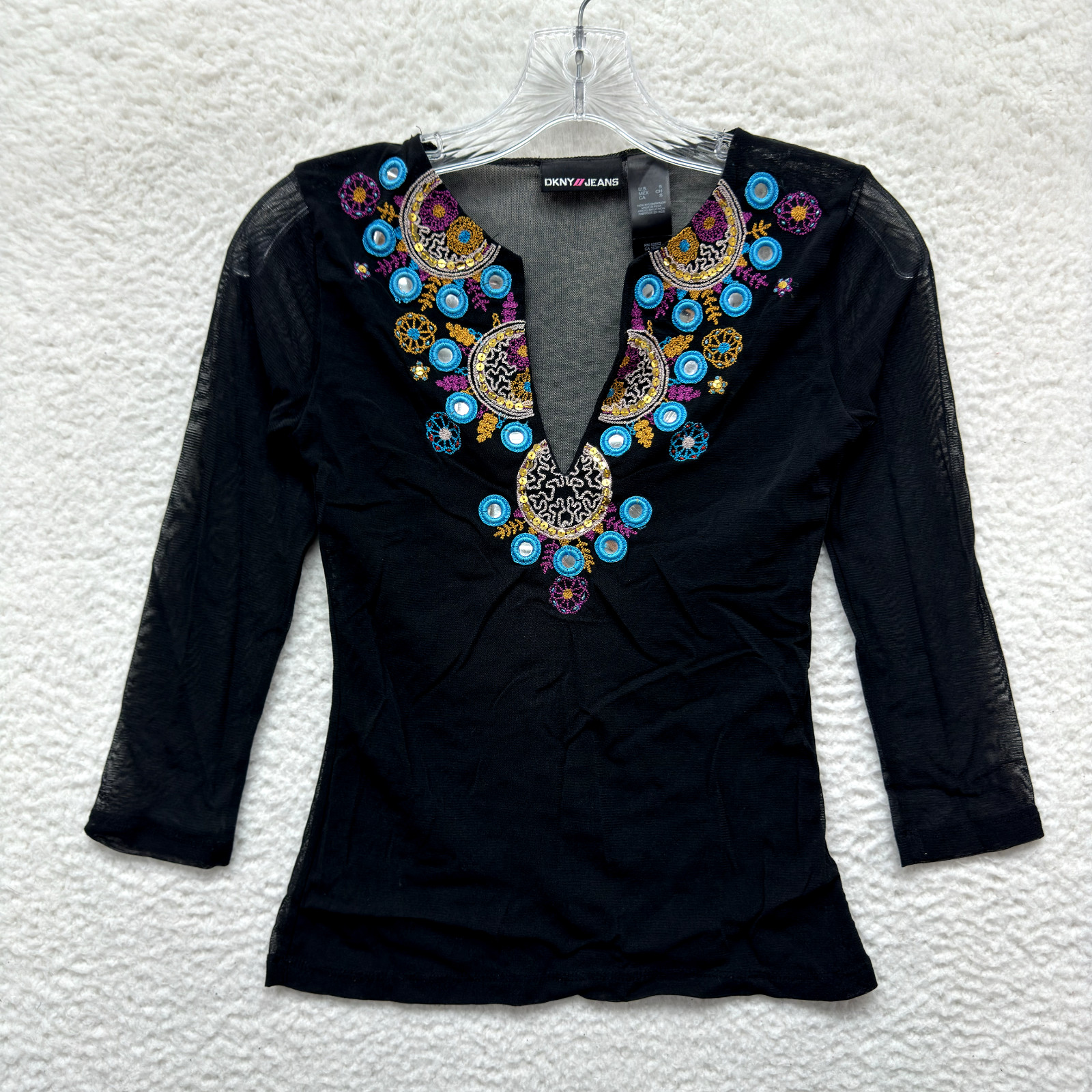 Y2K Vintage DKNY Mesh Top Small Black Embroidered Sequin Bohemian Boho Grunge
