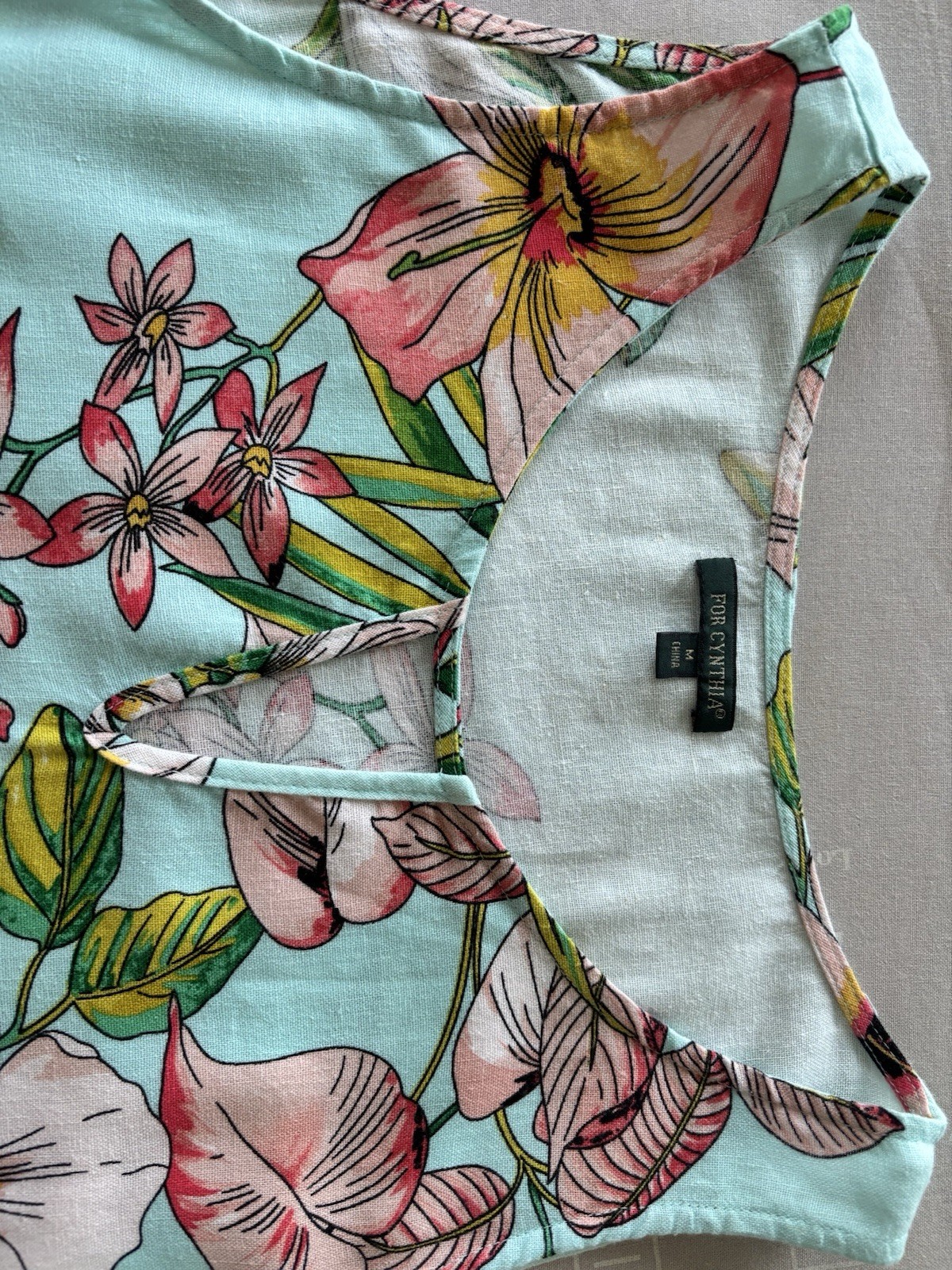 For Cynthia Sleeveless dress light blue with tropical floral. print