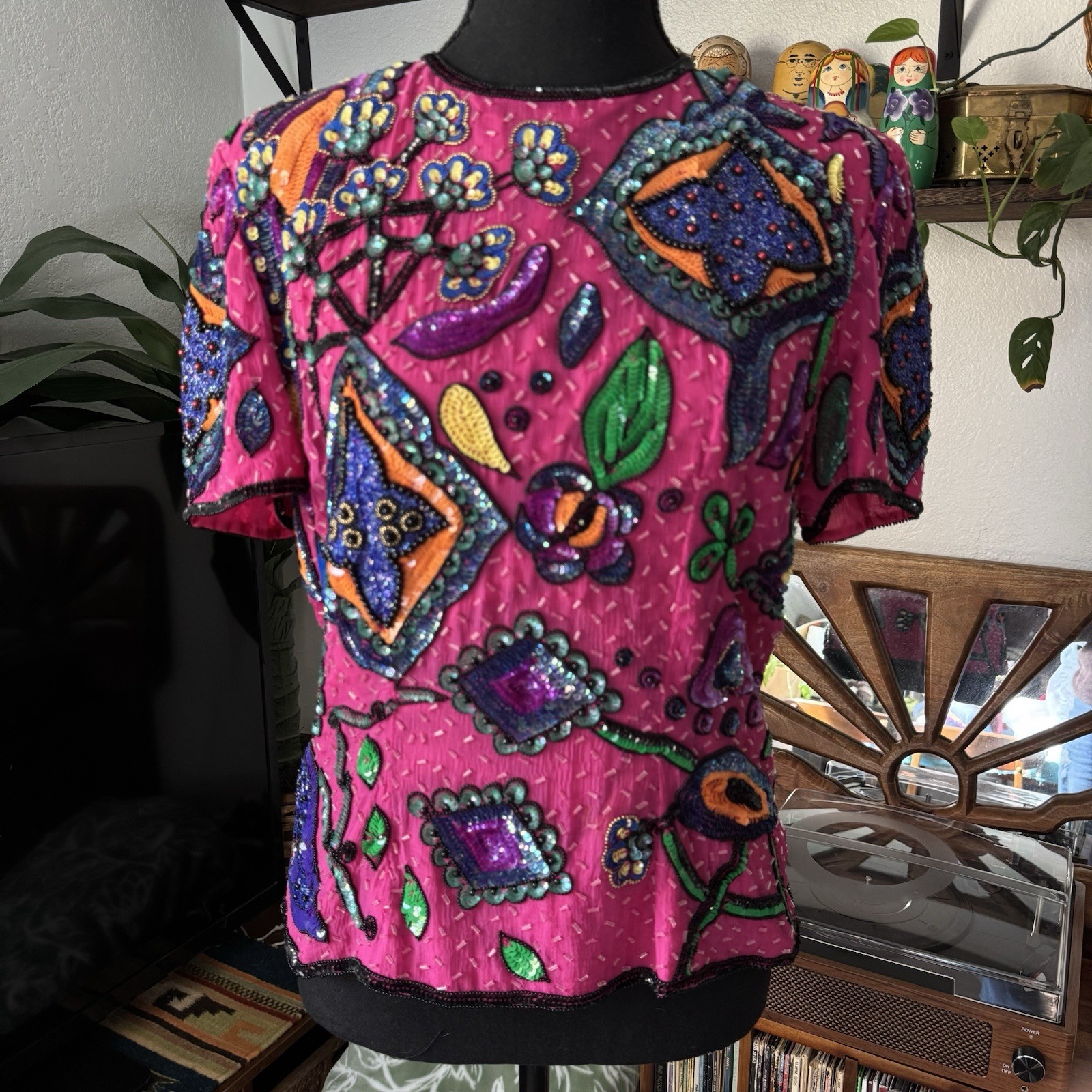 Vintage 80’s Carolyne Barton Night Pink Silk & Sequins Beaded Floral Top