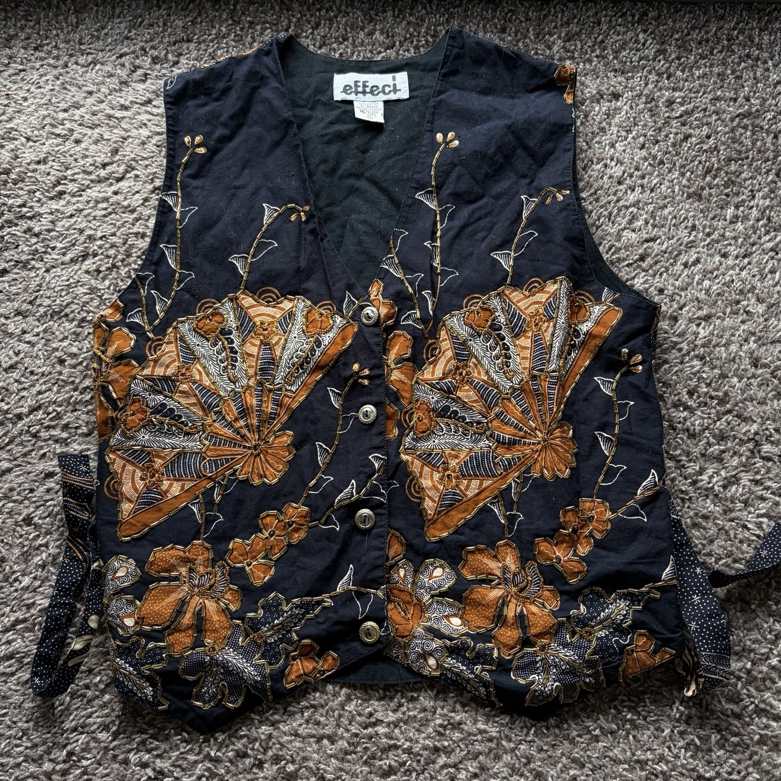 Effeci Vintage Floral Beaded Best Unique Vintage. Navy 100% Cotton Size medium