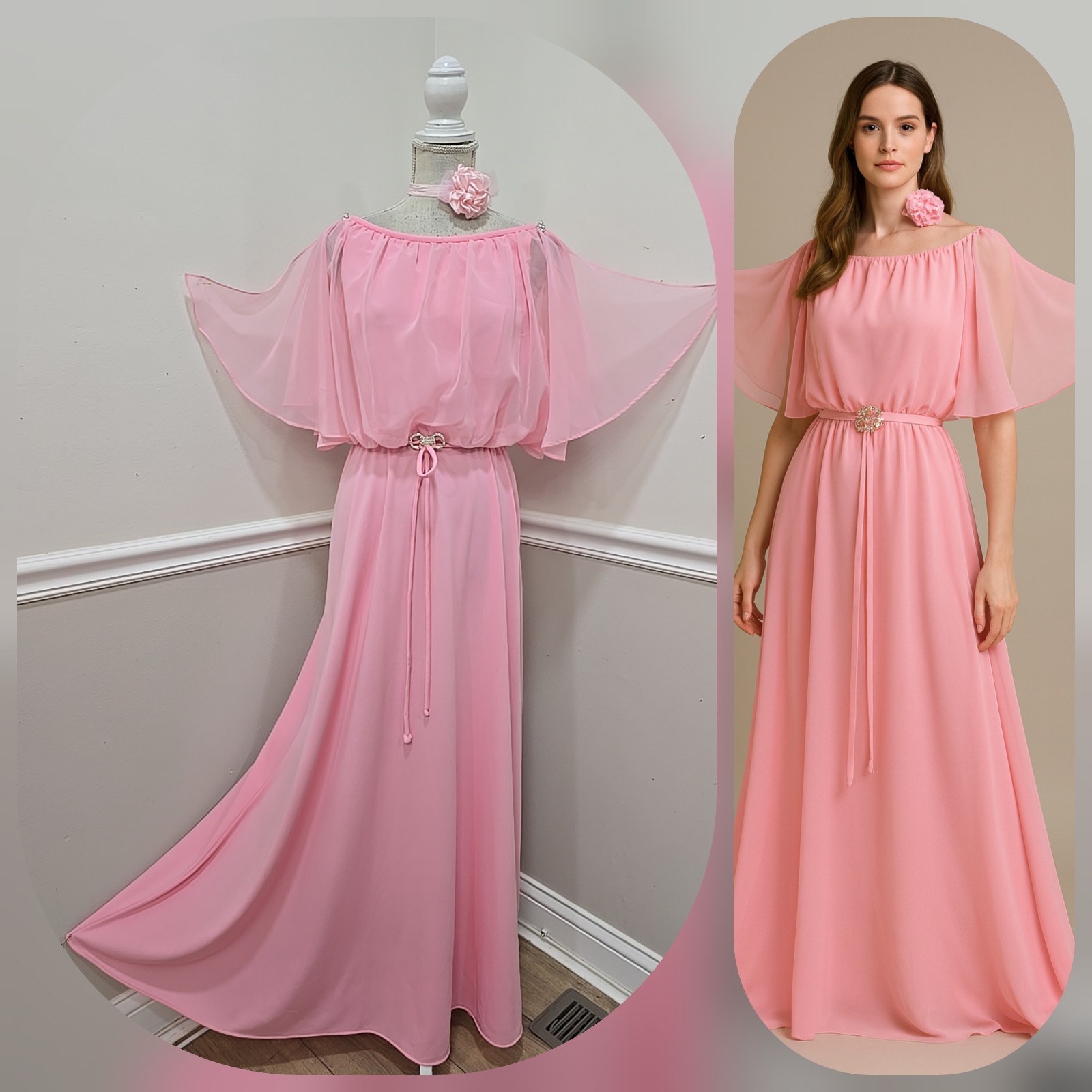 VTG Pink Evening Maxi Hostess Party Dress /Bridgerton Style/Cape Chiffon Sleev