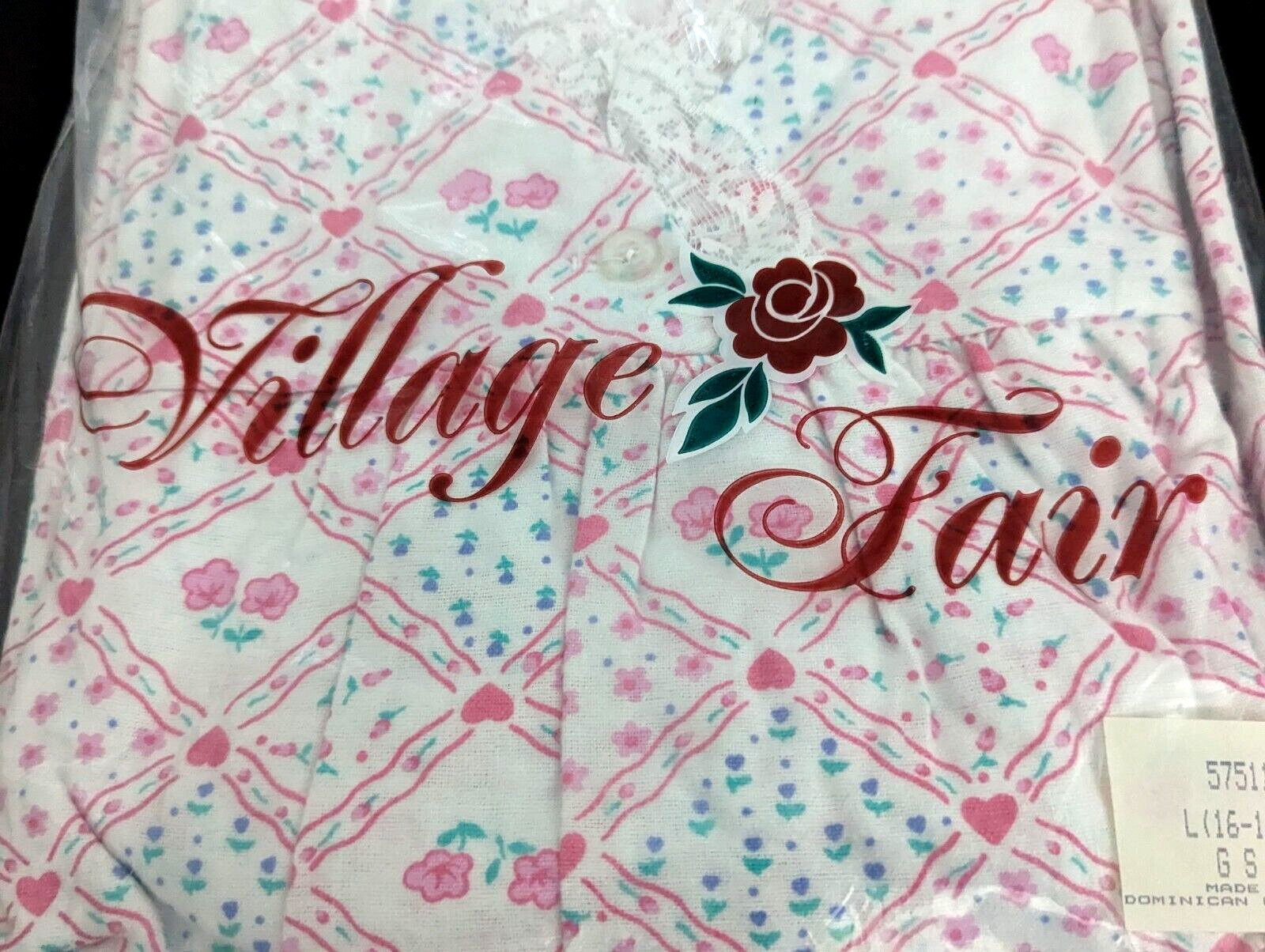 Vintage Village Fair Flannel Nightgown Womans L(16-18) Lace Hearts Flowers NOS