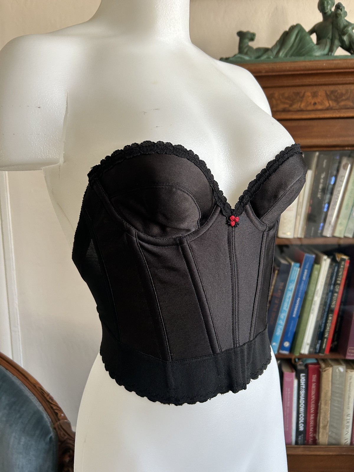 Vintage 1970s Black Strapless Bustier Boned Corset Top Pinup Lingerie 32A XS/S