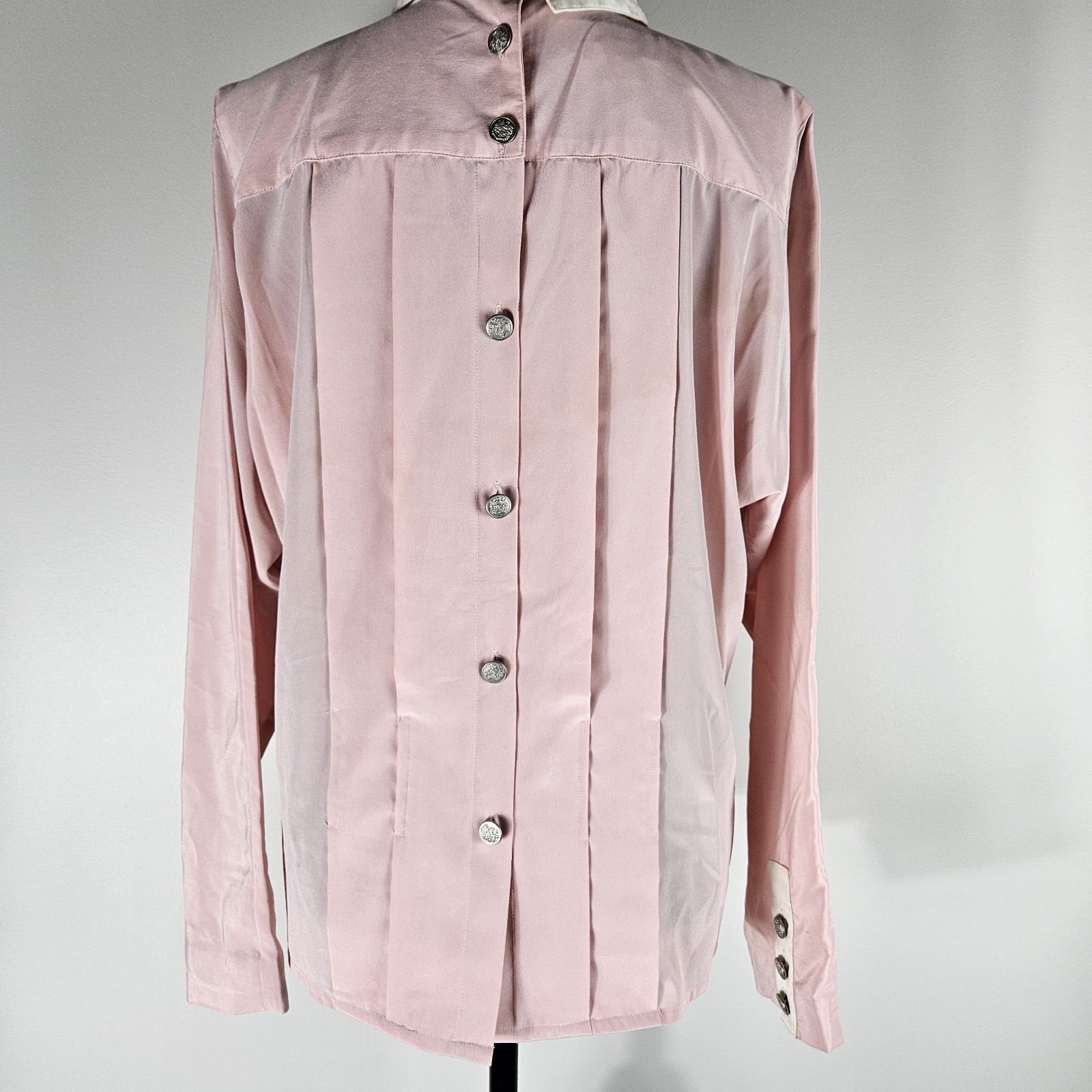 Vtg 80s Pleated Front BUTTON Down Back Bow Tie Pink Chaus Long Sleeve Blouse 14