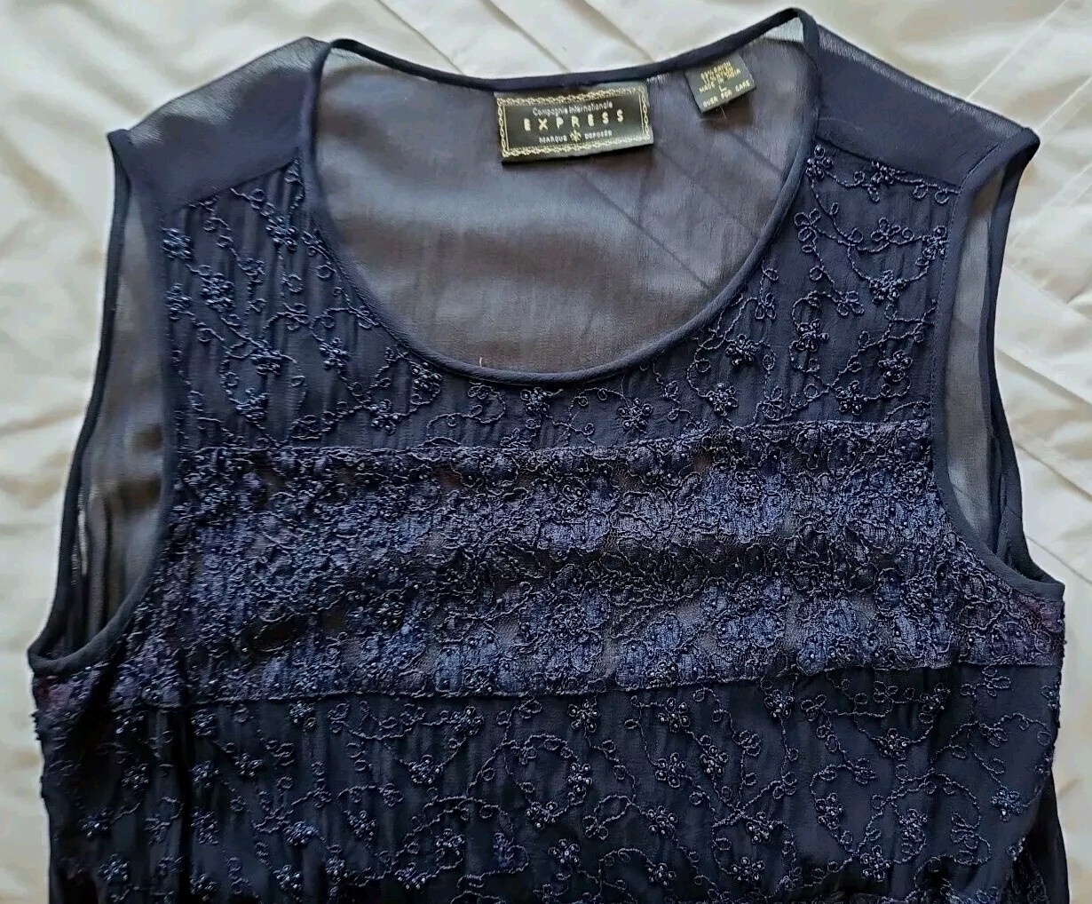 Compagnie Internationale Express Blouse Sheer Sleeveless Beaded Blue Rayon Large