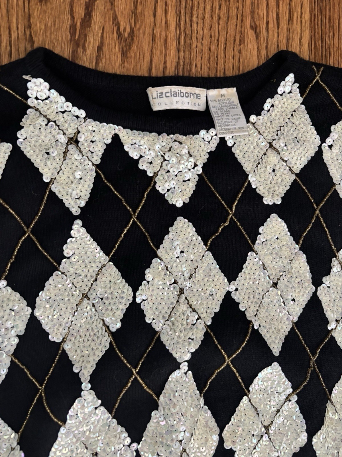 Vintage 1980’s All Over Sequin Trophy Sweater Black White Harlequin Diamond M