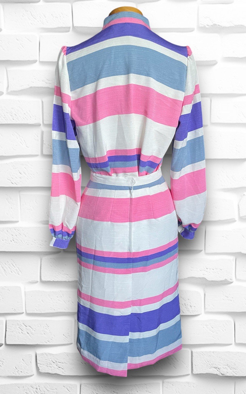 1960’s Pink, Purple, White & Grey Striped Skirt & Long Sleeve Ruffle Shirt Set