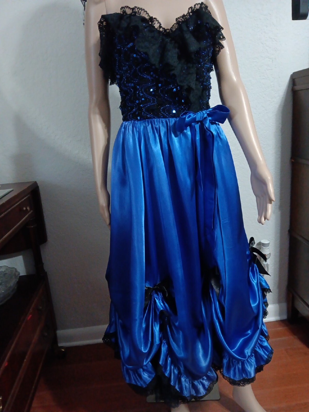 Loralie Vintage 80s Sequin & Blue Satin Lacey Prom Party Dress Sz 8