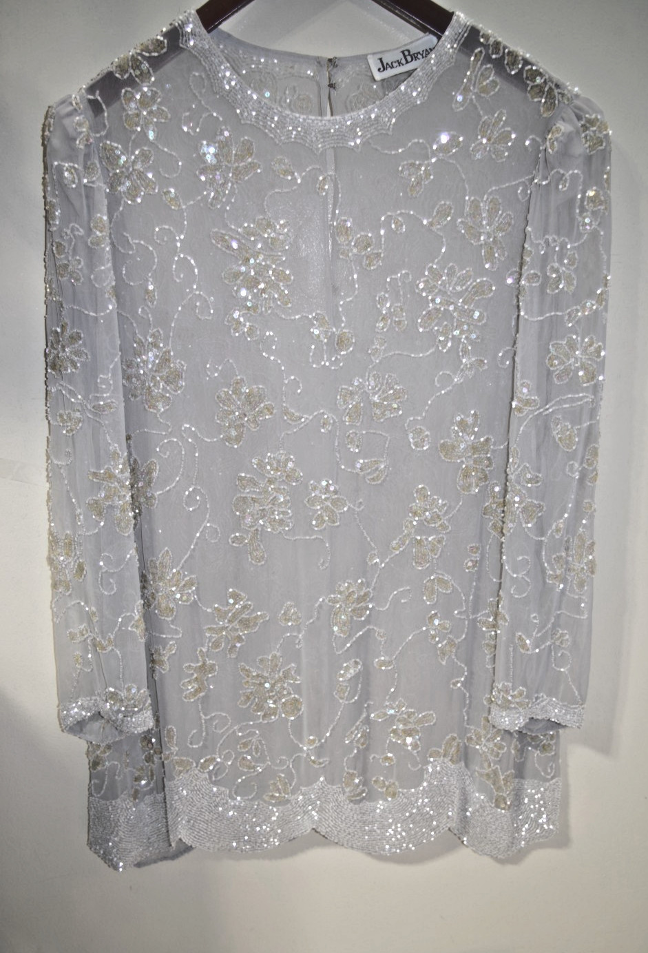 S8 Vintage JACK BRYAN Gray Beaded & Sequin Tunic Top Mini Dress Scallop