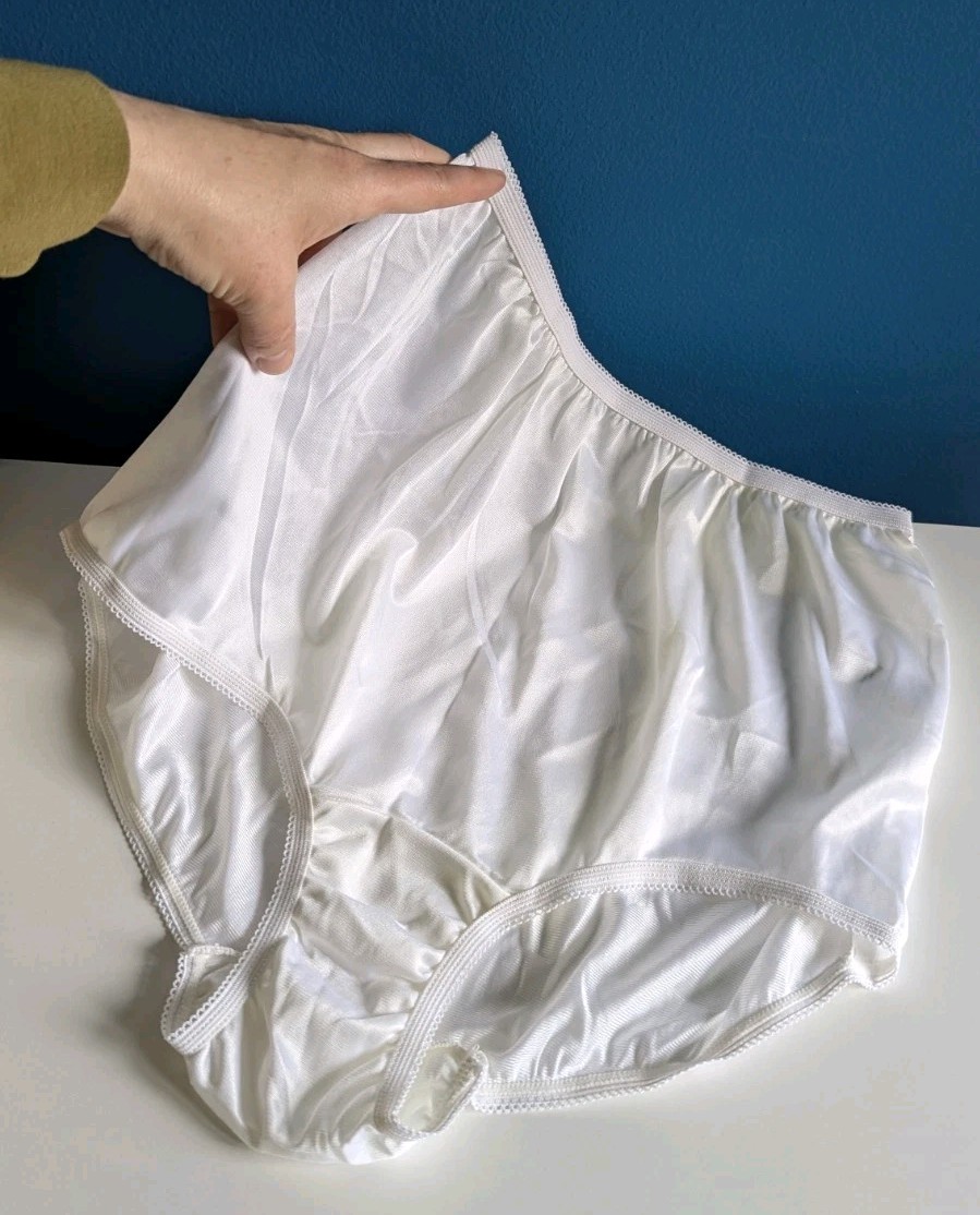 Vtg 100% Nylon Panties NWOT Sz 10 White Liquid Satin 1980s New Old Stock Shiny
