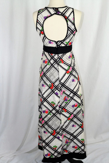 Vintage 60s Cherry Black & White Fruit Print Maxi Dress w/Keyhole Back