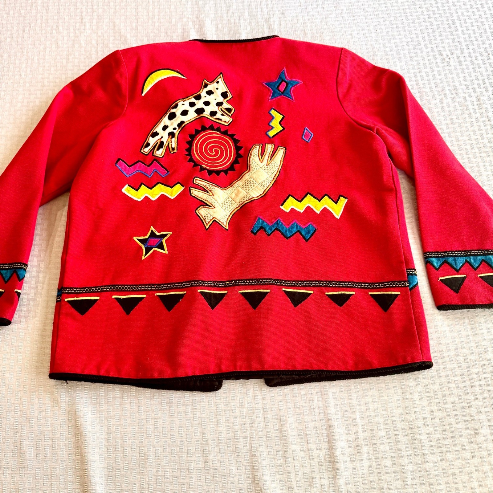 Indigo Moon Vintage Wearable Art Jacket Red Celestial Animal Embroidered Small