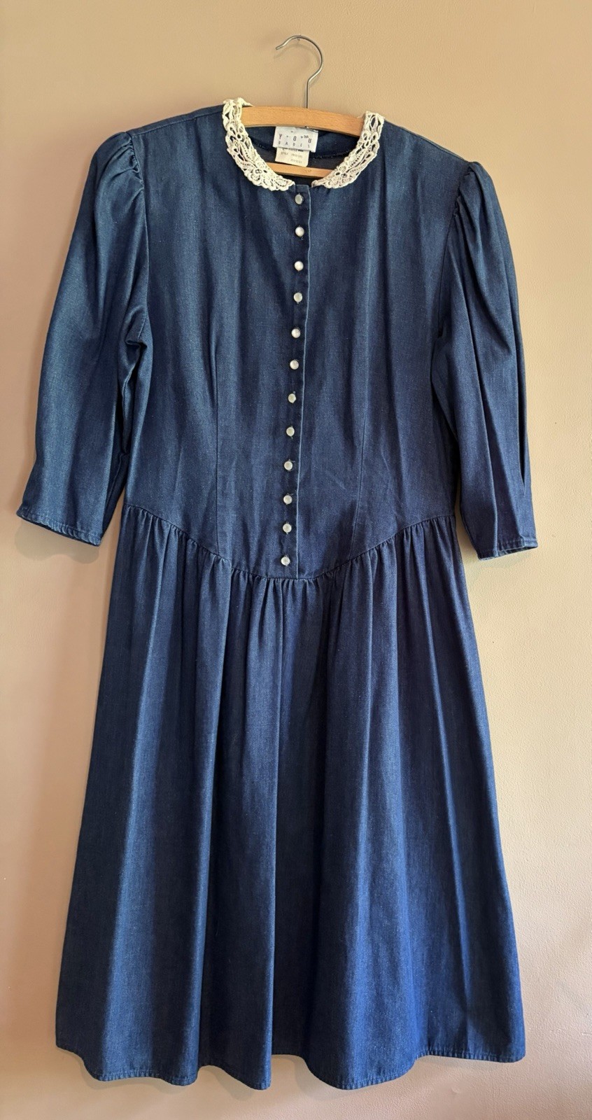 VTG 80s 100% Cotton Denim Button Up Peasant Dress Boho Prairie Size 11/12 USA