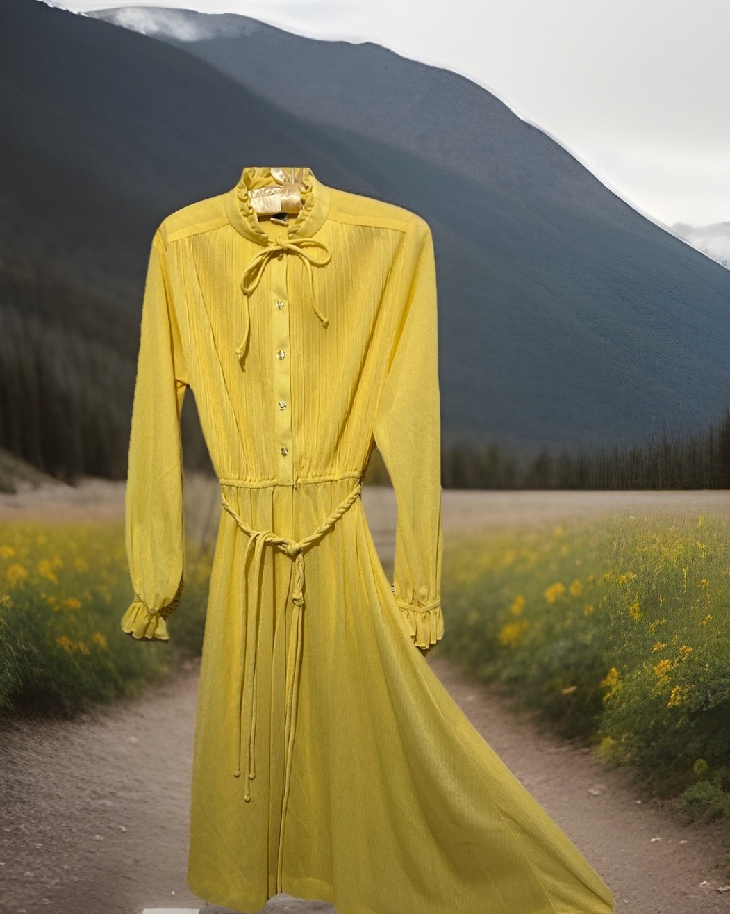Discovery Fashion Dress 10 True Vintage 70s Silky Yellow Poetcore Ruffled Belted