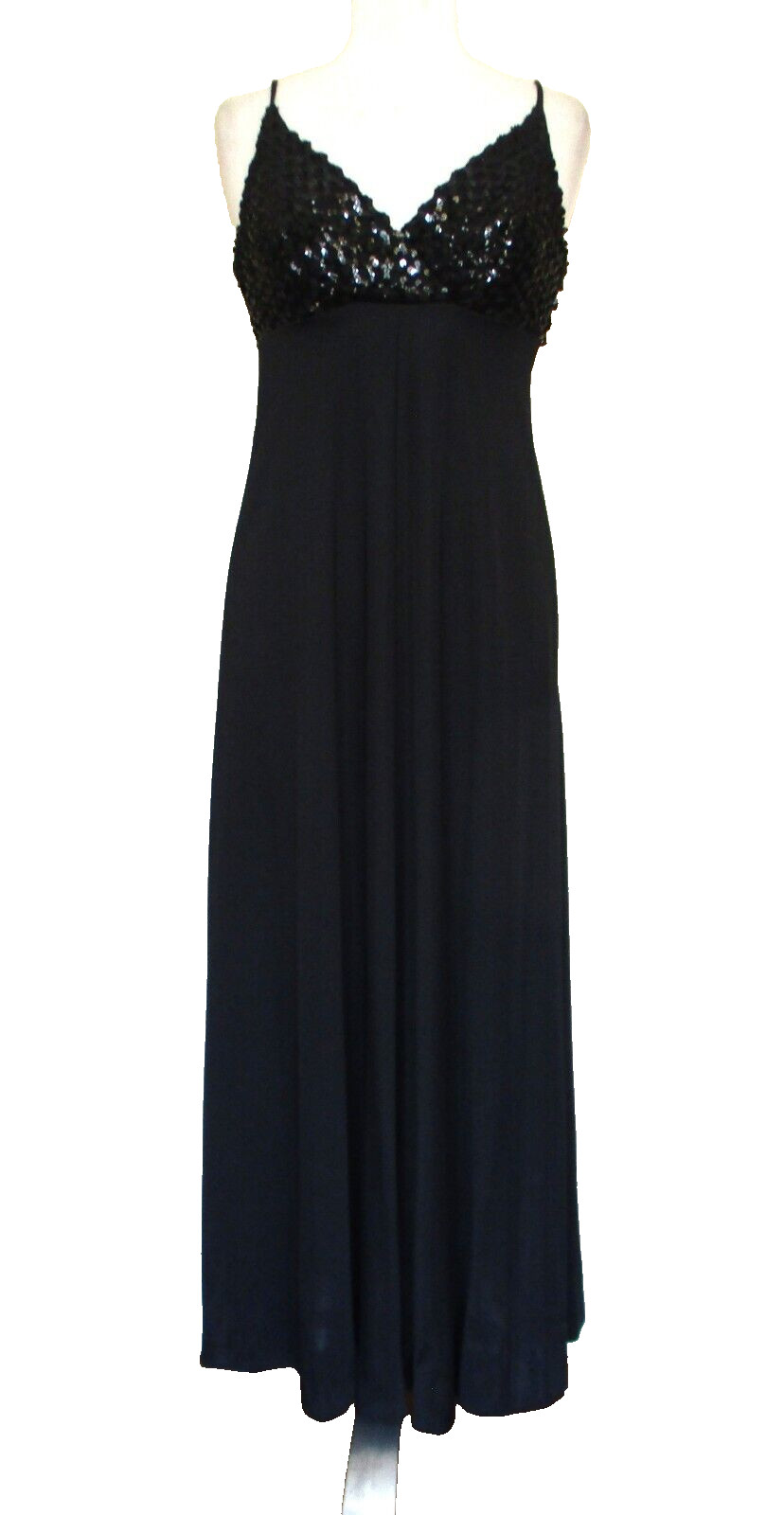 Vintage Maxi Dress Evening Gown XS/S Women Black Stretch Sequin Top Empire Waist