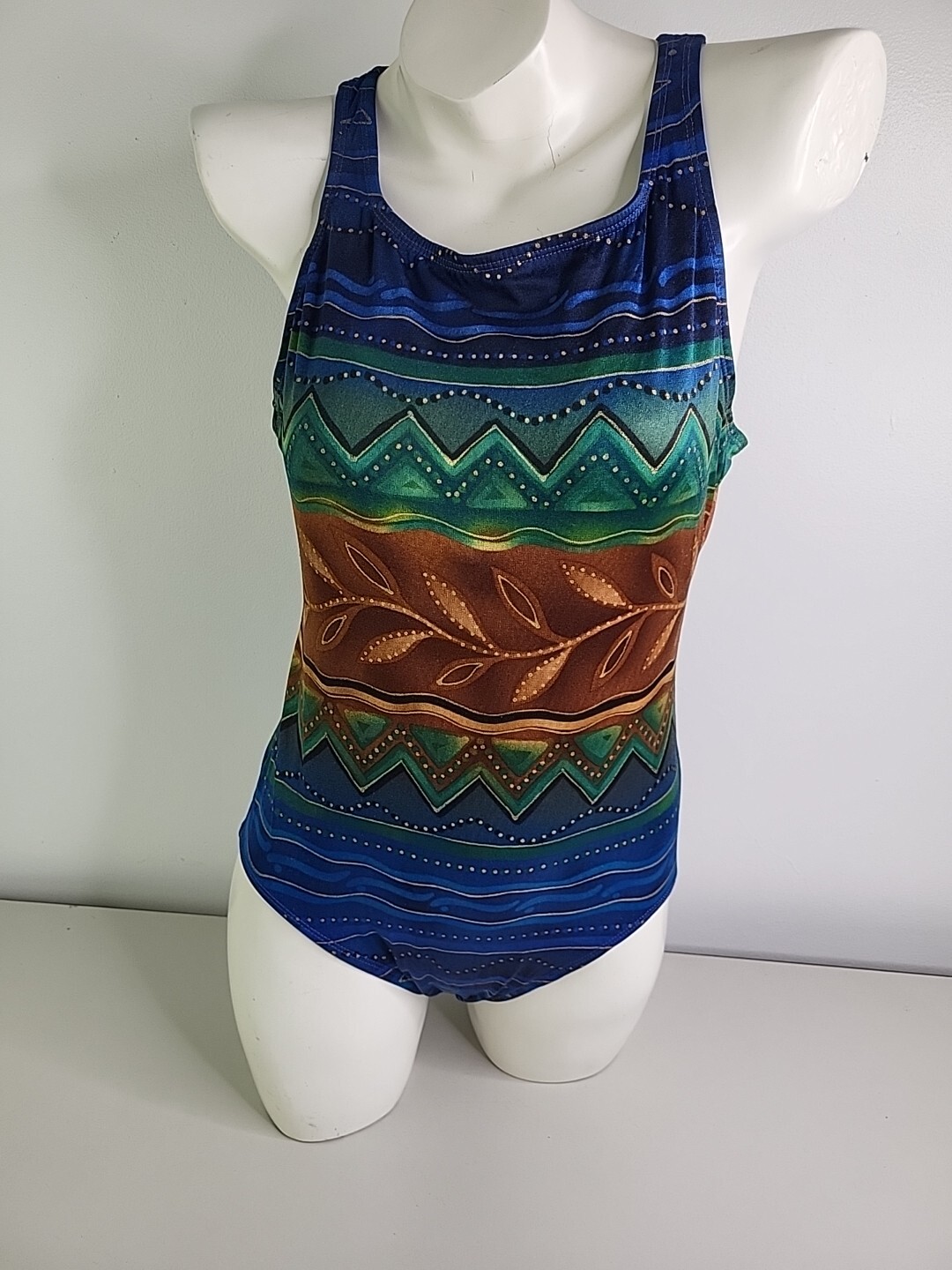 Vintage ROBBY LEN Abstract Metallic Bathing Suit One Piece Swimsuit 10 Blue