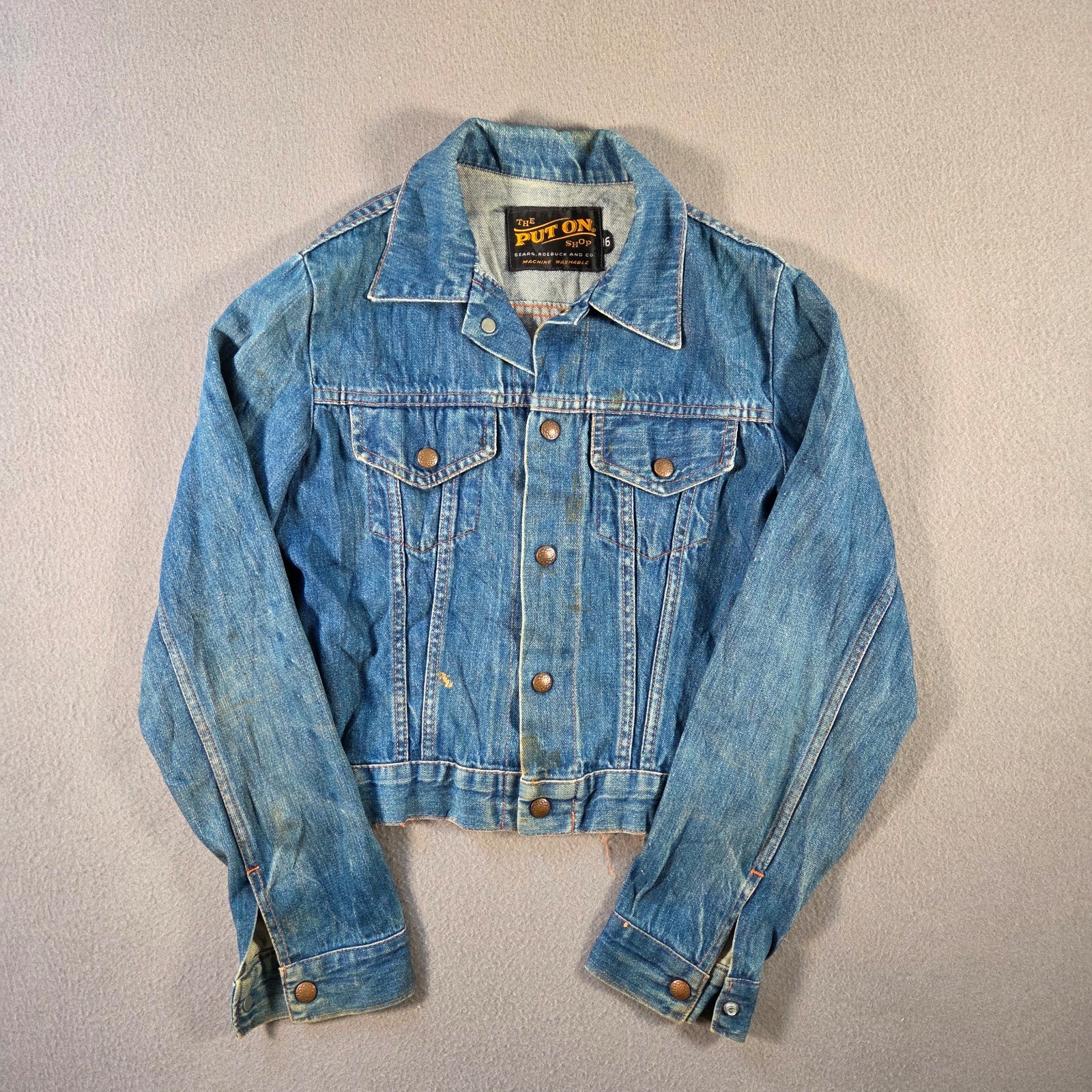 Vintage Sears Jacket Womens Small Denim Snap Put On Shop 80s Workwear Distressed