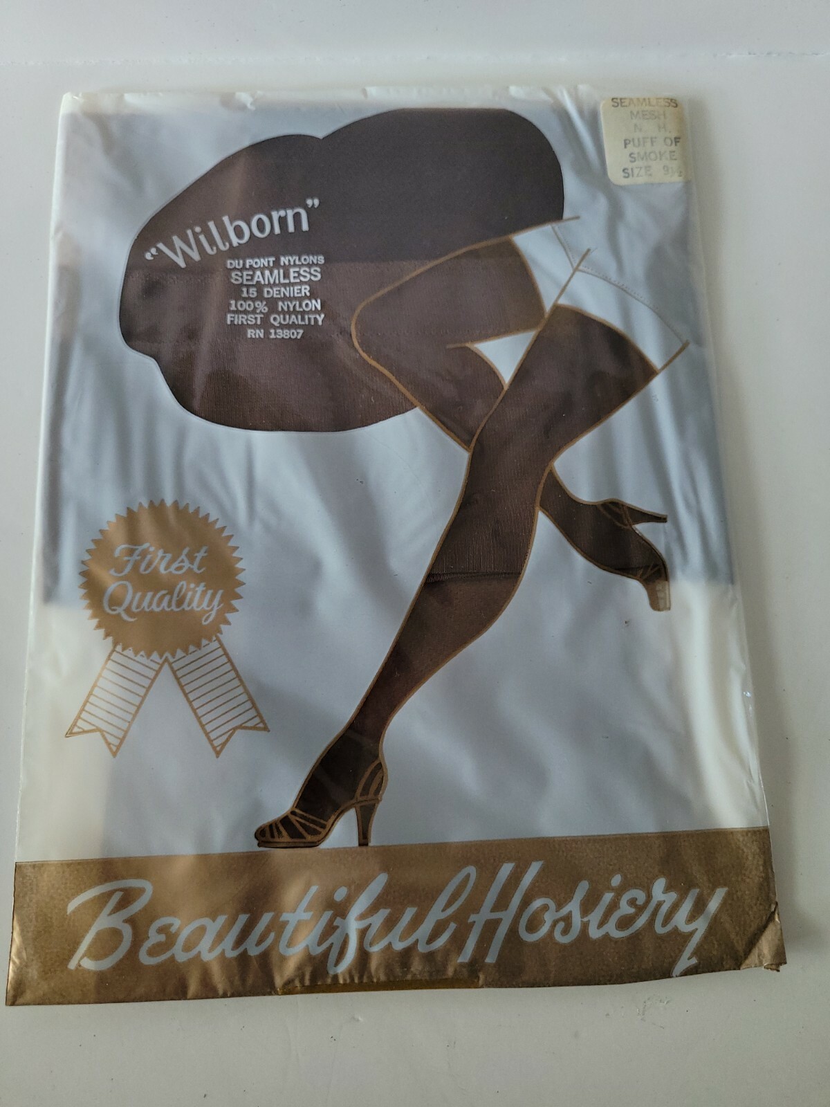 Vtg Wilborn Hosiery Seamless Nylon Mesh Stockings Size 9 1/2 Puff of Smoke NOS