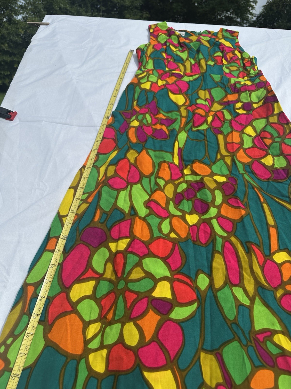 Vintage 1960s Mod PSYCHEDELIC Hawaiian NEON Tiki Dress Maxi Kaftan Cotton 1970s