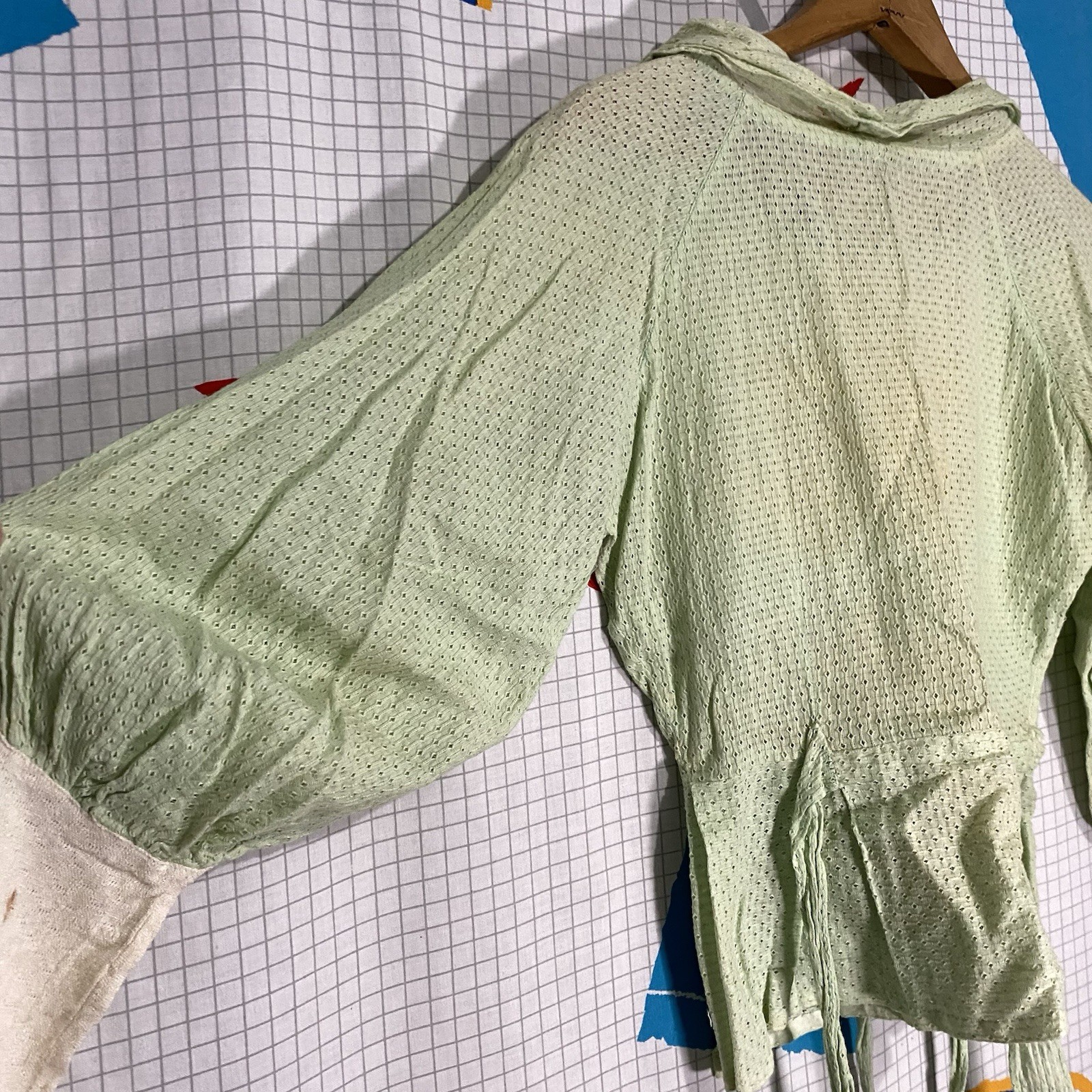Vintage 1910s Blouse Eyelet Lace Green Cotton Sheer Victorian Edwardian Ties 20s