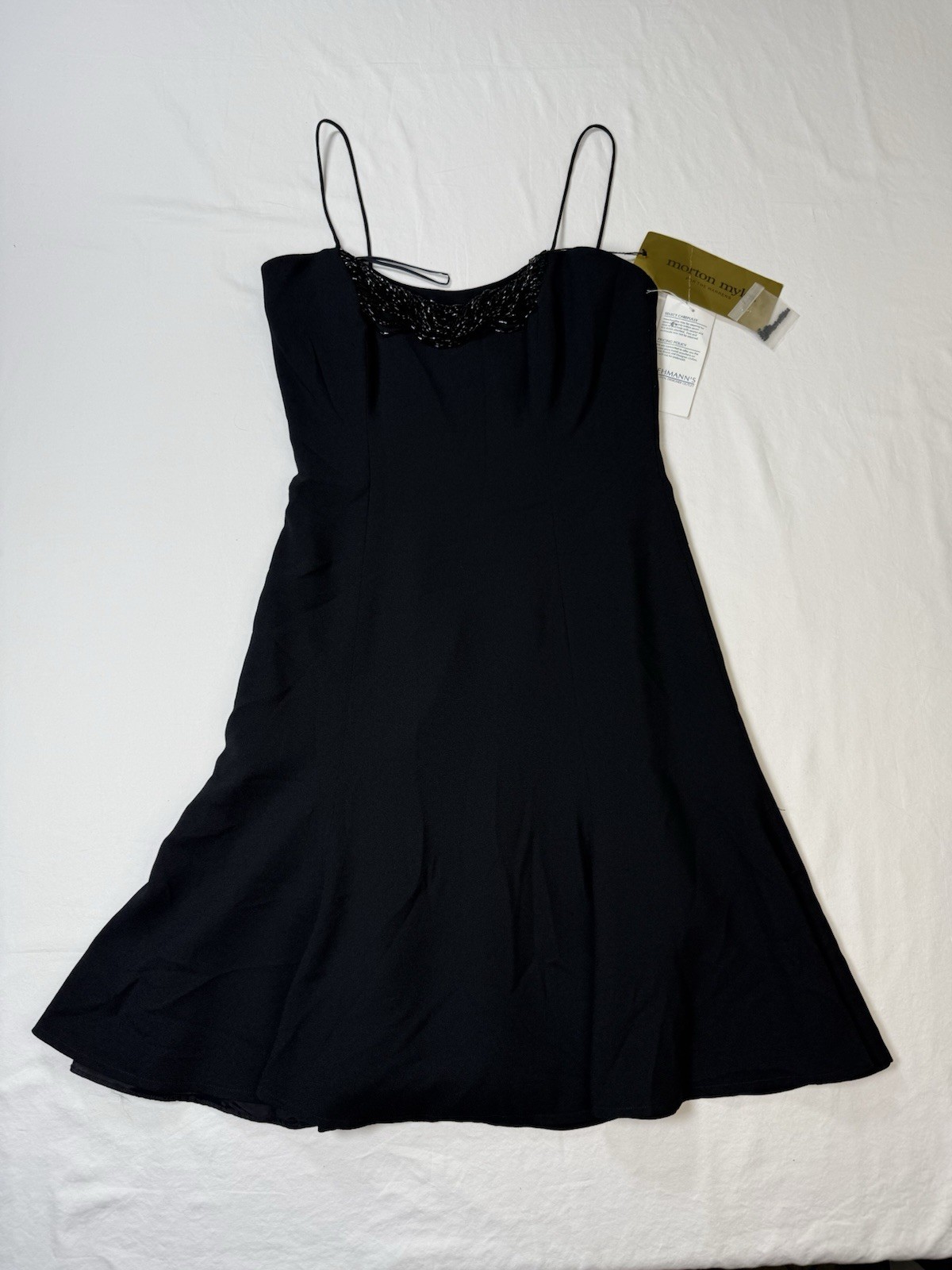 Vintage Morton Myles 90s Whimsigoth Beaded Black Cowl Trumpet Mini Dress NWT
