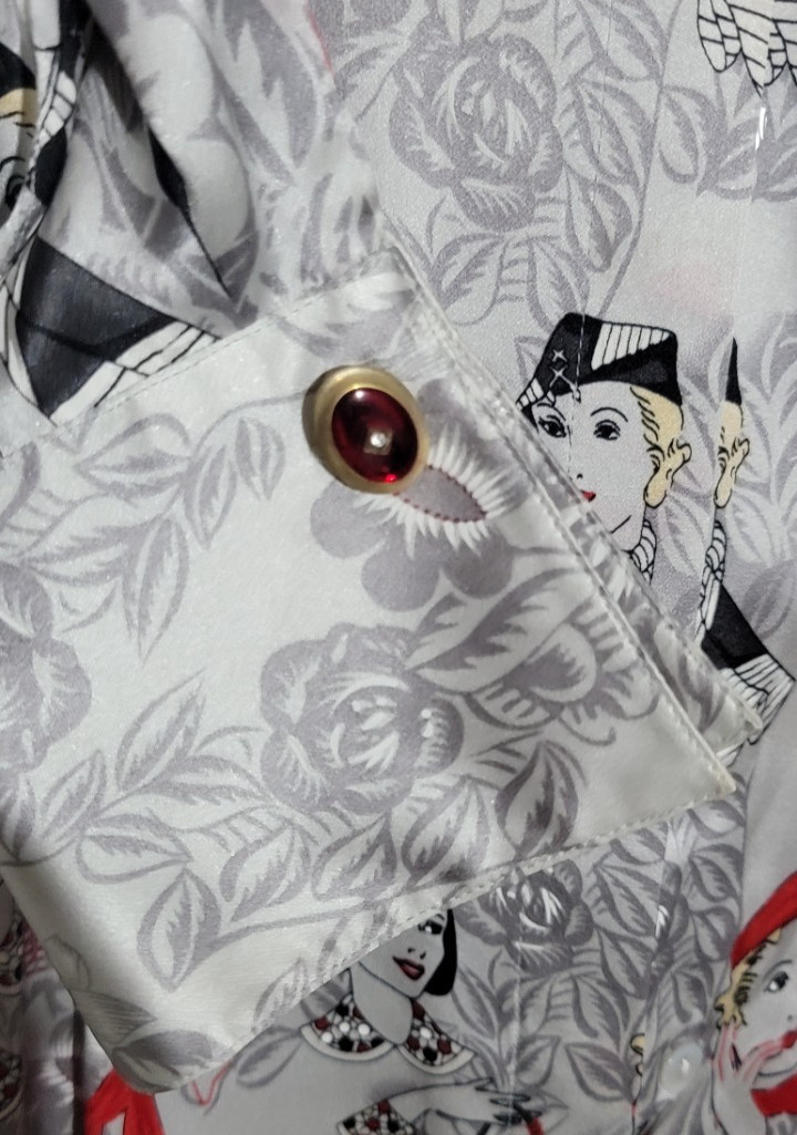EUC 90s VTG 100% Silk Dramatic Art Deco Flapper Novelty Blouse 12 French Cuffs