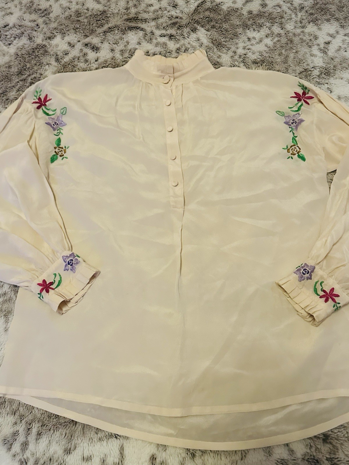 Vintage 70s Ann Tjian Kenar Embroidered Silk Boho Peasant Blouse