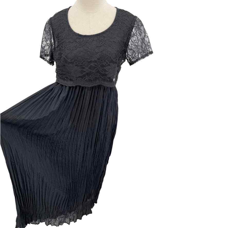 Vintage 90s Black Sheer Crinkle Maxi Dress Crop Lace Top Short Sleeve Size S M