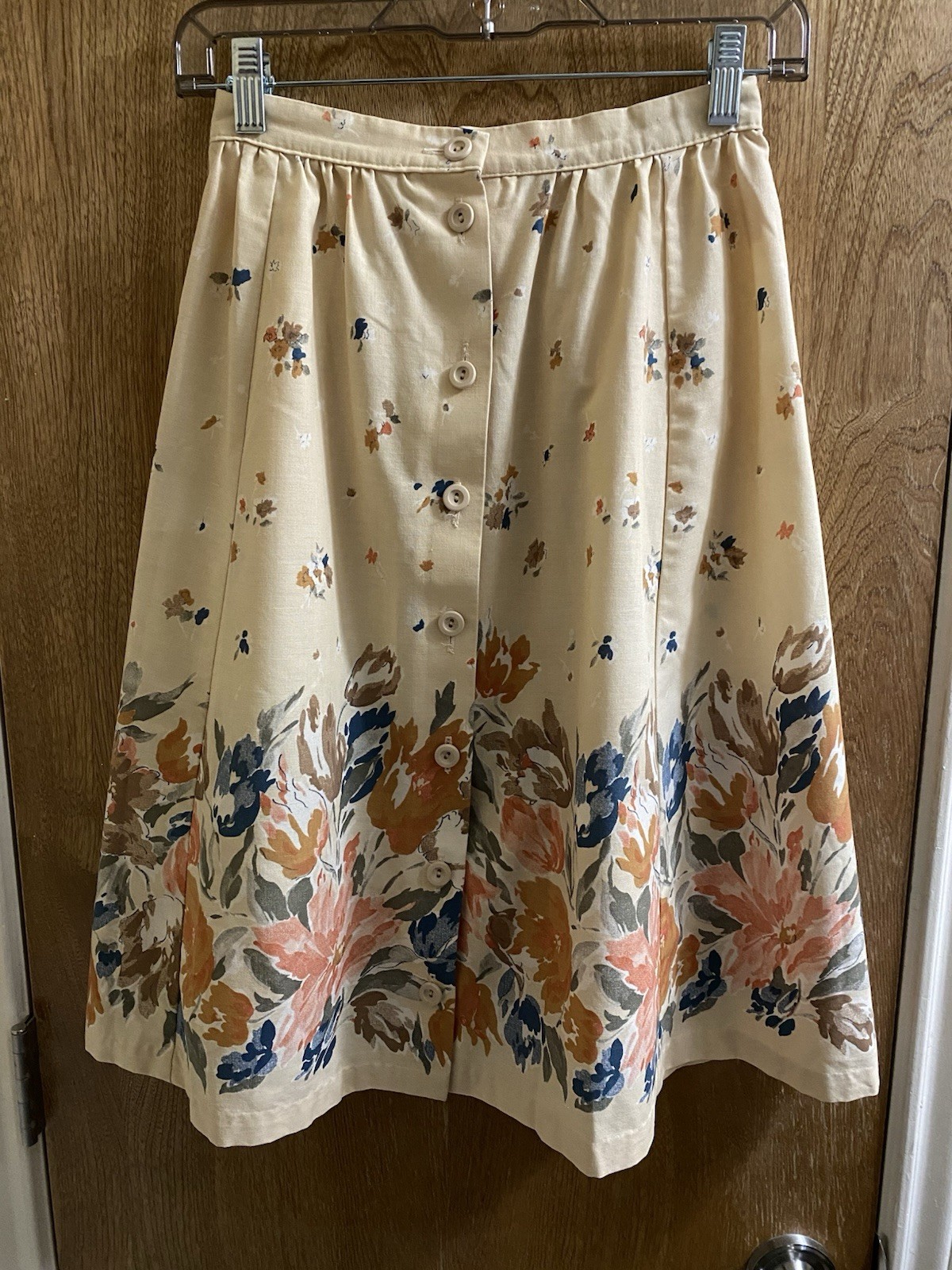 Vintage St. Michael UK Cotton Flow Skirt Cream Multicolor Floral Button 25in