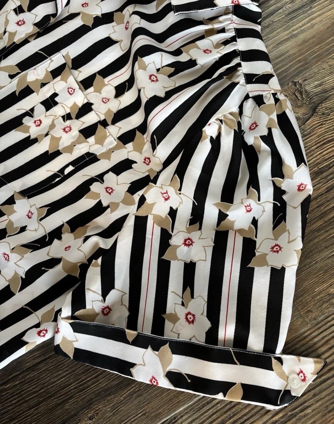 Vtg Silkhana By Lady Manhattan Blouse Womens 36 Blk Wht Stripe Floral Rockabilly