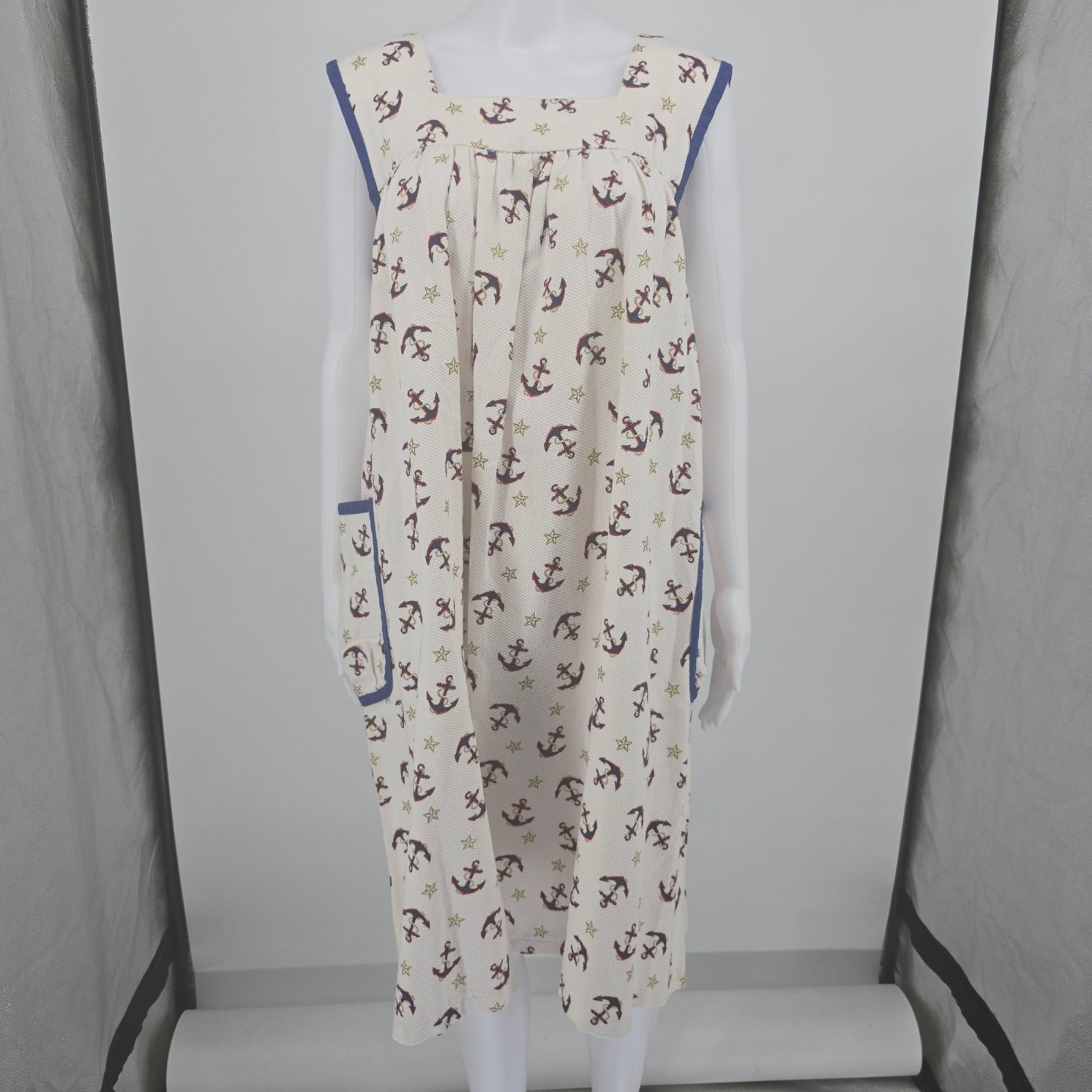 Vintage 1970s Handmade Anchor Print Sleeveless Pinafore Dress (Size 16/XL)
