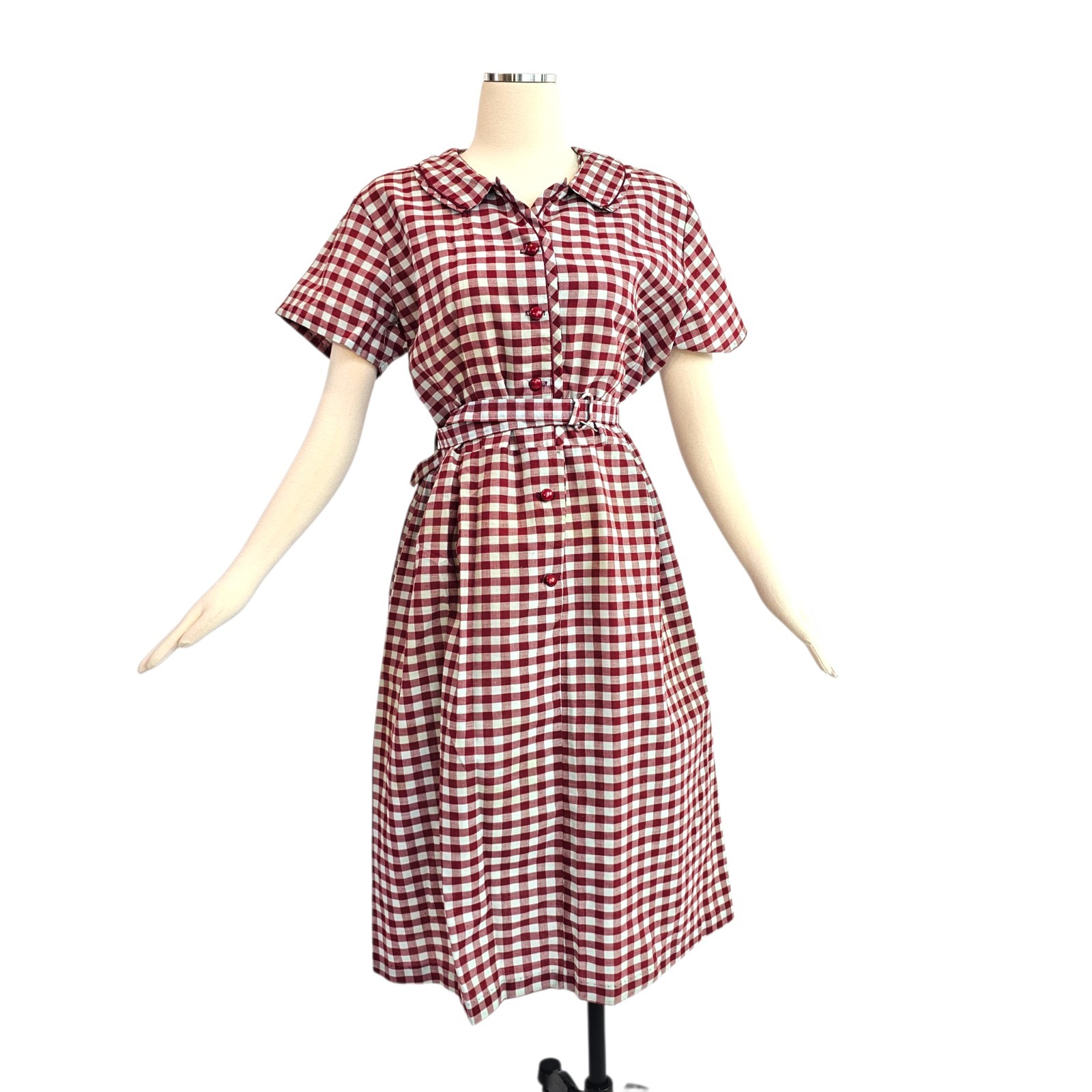 Vintage 1960’s Dress Maroon Baby Blue Gingam Check Foldover Collar Belt Buttons