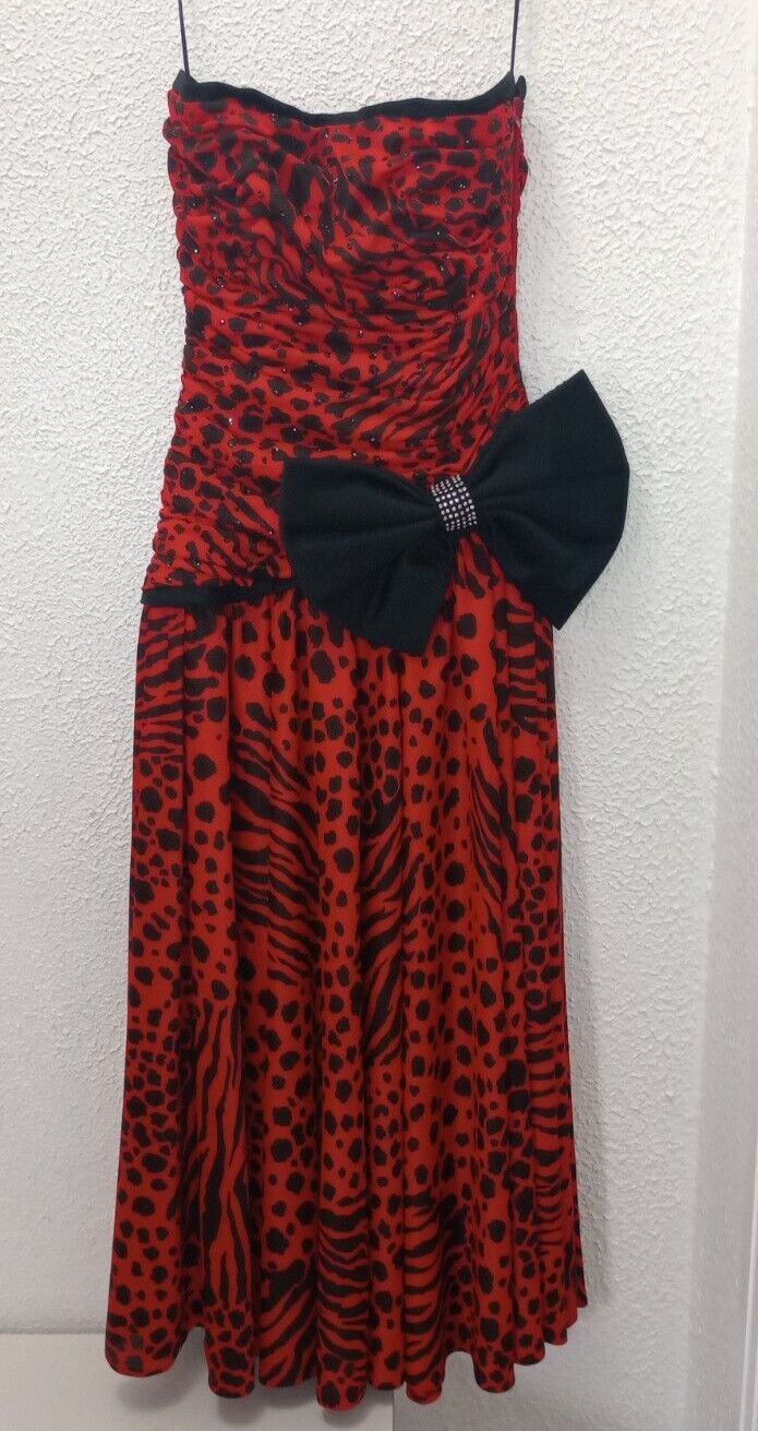 1980s Vintage Julie Duroche After Five Red Black Animal Strapless Party Dress S