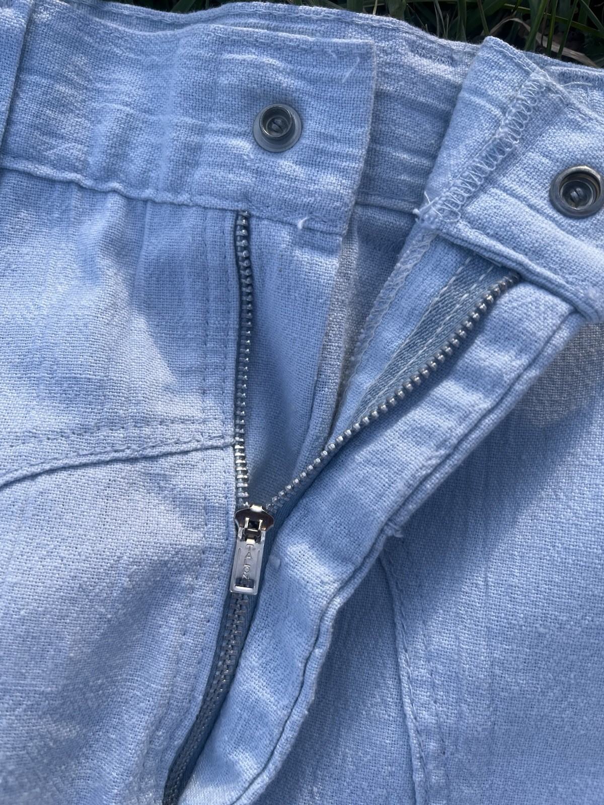 VTG 70s Rumble Seats by Wilkins Light Blue Bell Bottom Pants Distressed 29×30