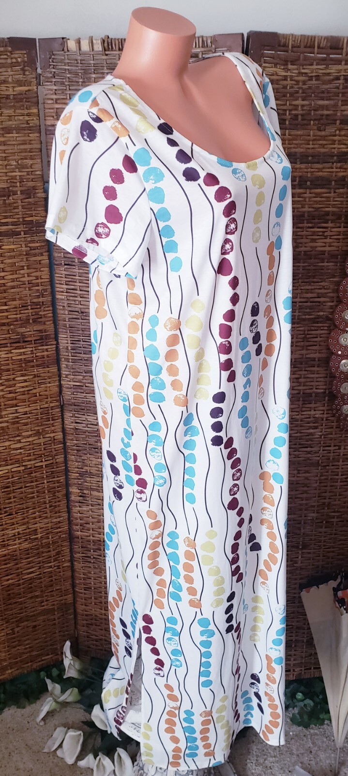 New NoraCora White Polka-dot Colorful Soft Oversize Long T-Shirt Dress Sz L