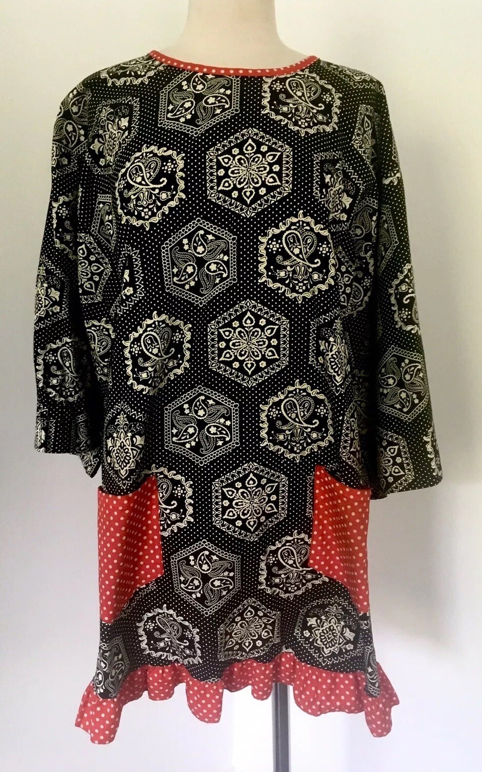 Vintage 1960s BOHO Red POLKA DOT Ruffles Blue BANDANA Smock TUNIC TOP Mini Dress