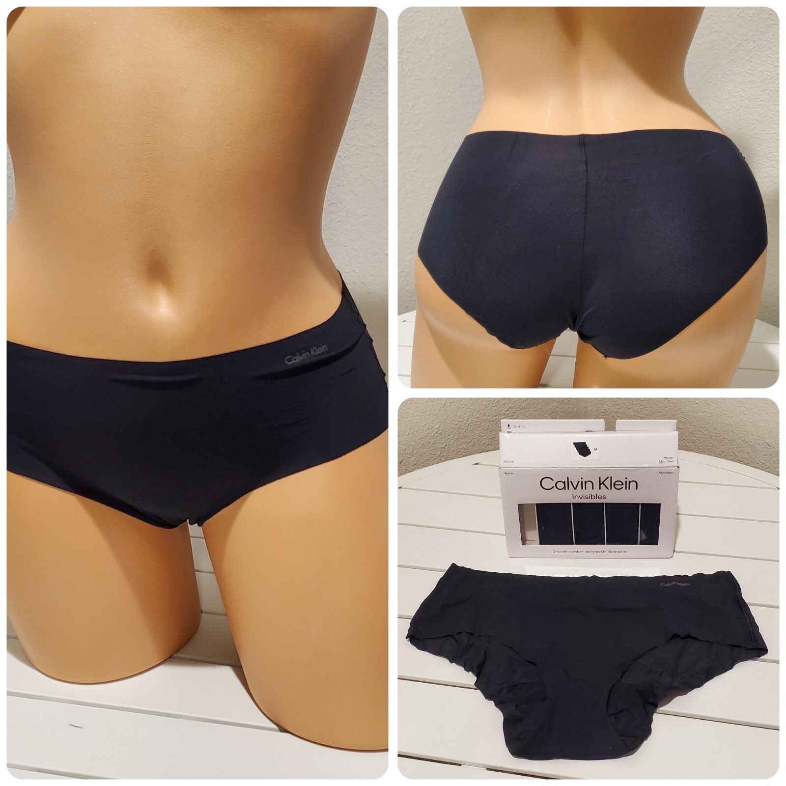 Calvin Klein Hipster Panty Set Of 5 Invisibles Black Stretch Silky 6/M NIB