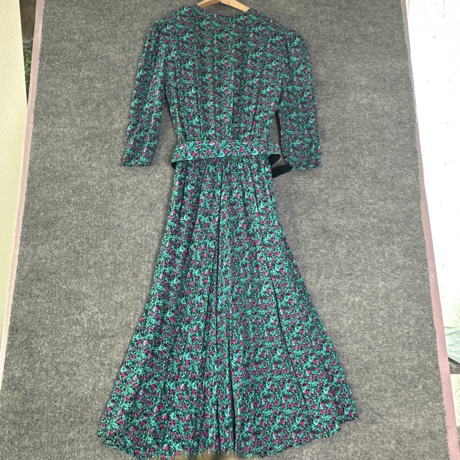 VTG 80s KARIN STEVENS Teal Green Cottage Core Ditsy Floral Midi Dress Women 8