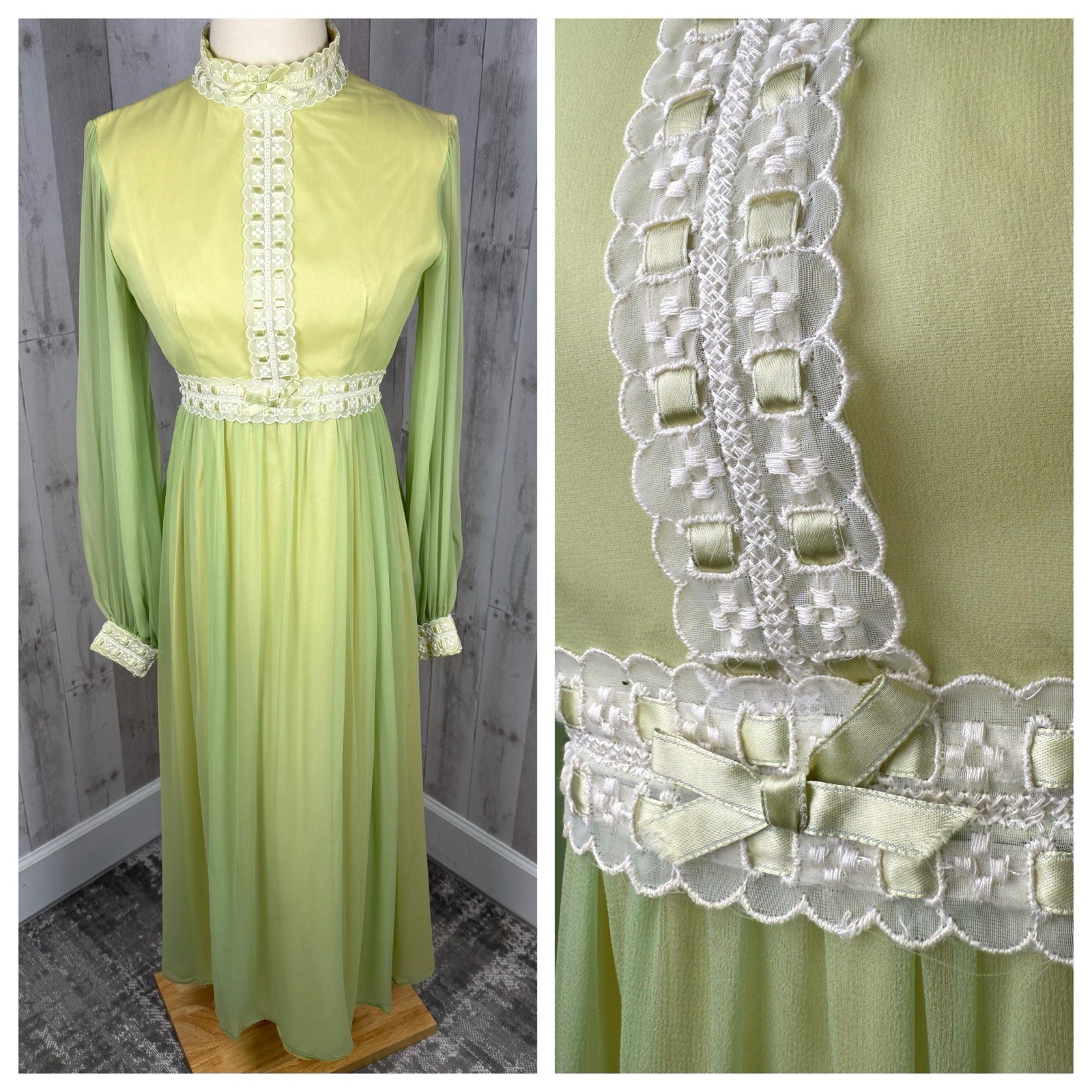 Vintage 1970s Lorrie Deb Gown Silk Chiffon Spring Green Dress Lace Maxi Jrs S/2