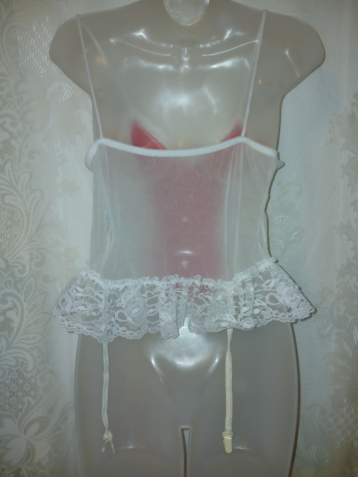 Vintage 80s Nan Flower Red Satin White Ruffled Lace Teddy Lingerie Garters M