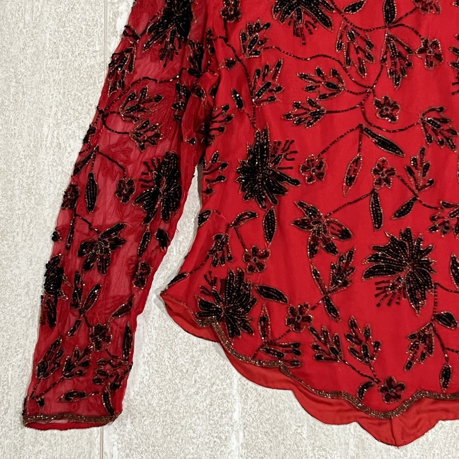 Vintage Laurence Kazar Beaded Top Red Floral Pure Silk Sz L EUC