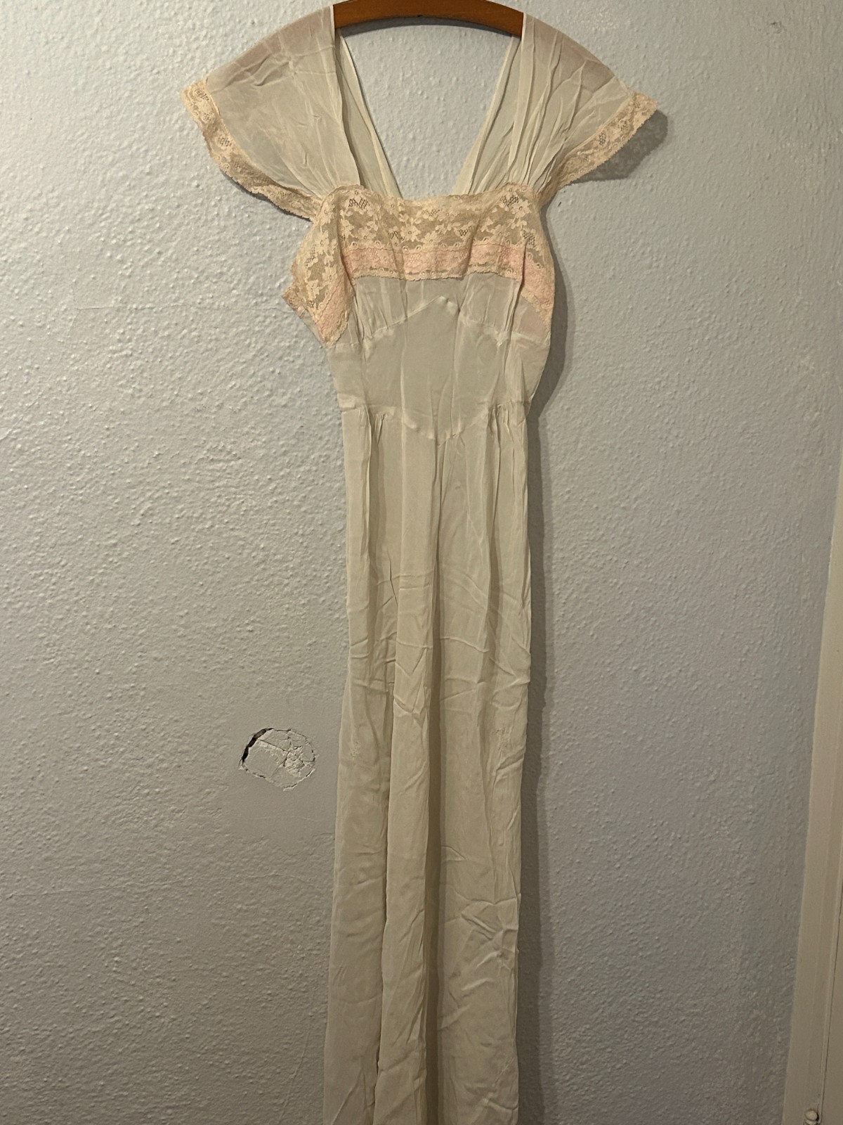 Vtg 1930s Womens M Bias Cut Slip Dress Lace Nightgown Lingerie Sheer Maxi