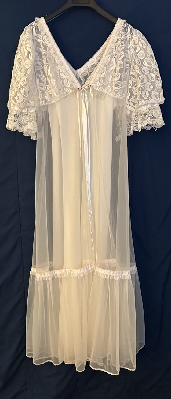 Vintage Tosca 1960’s Nightgown Set Slip & Robe White Lace Lingerie Bridal 2pc M